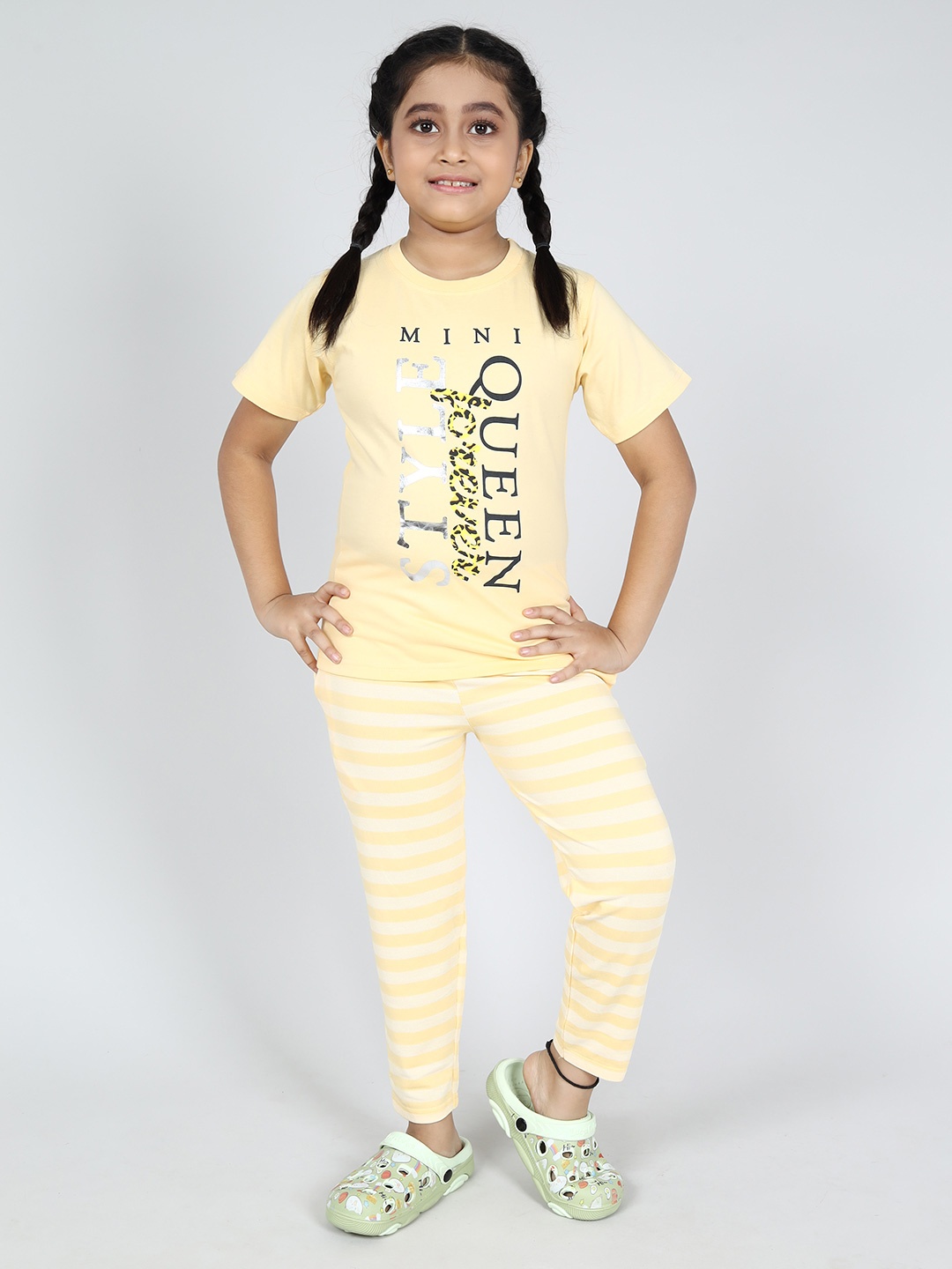 

Here&Now X Denikid Girls Pure Cotton Printed T-shirt with Striped Leggings, Yellow