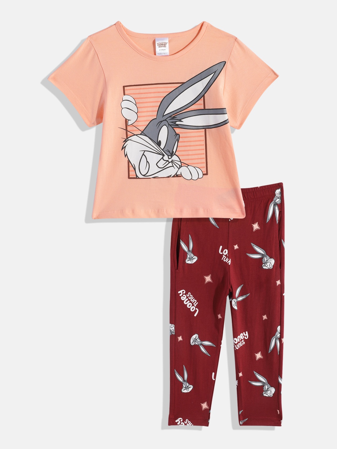 

Here&Now X Denikid Girls Looney Tunes Printed Pure Cotton T-shirt with Leggings, Peach