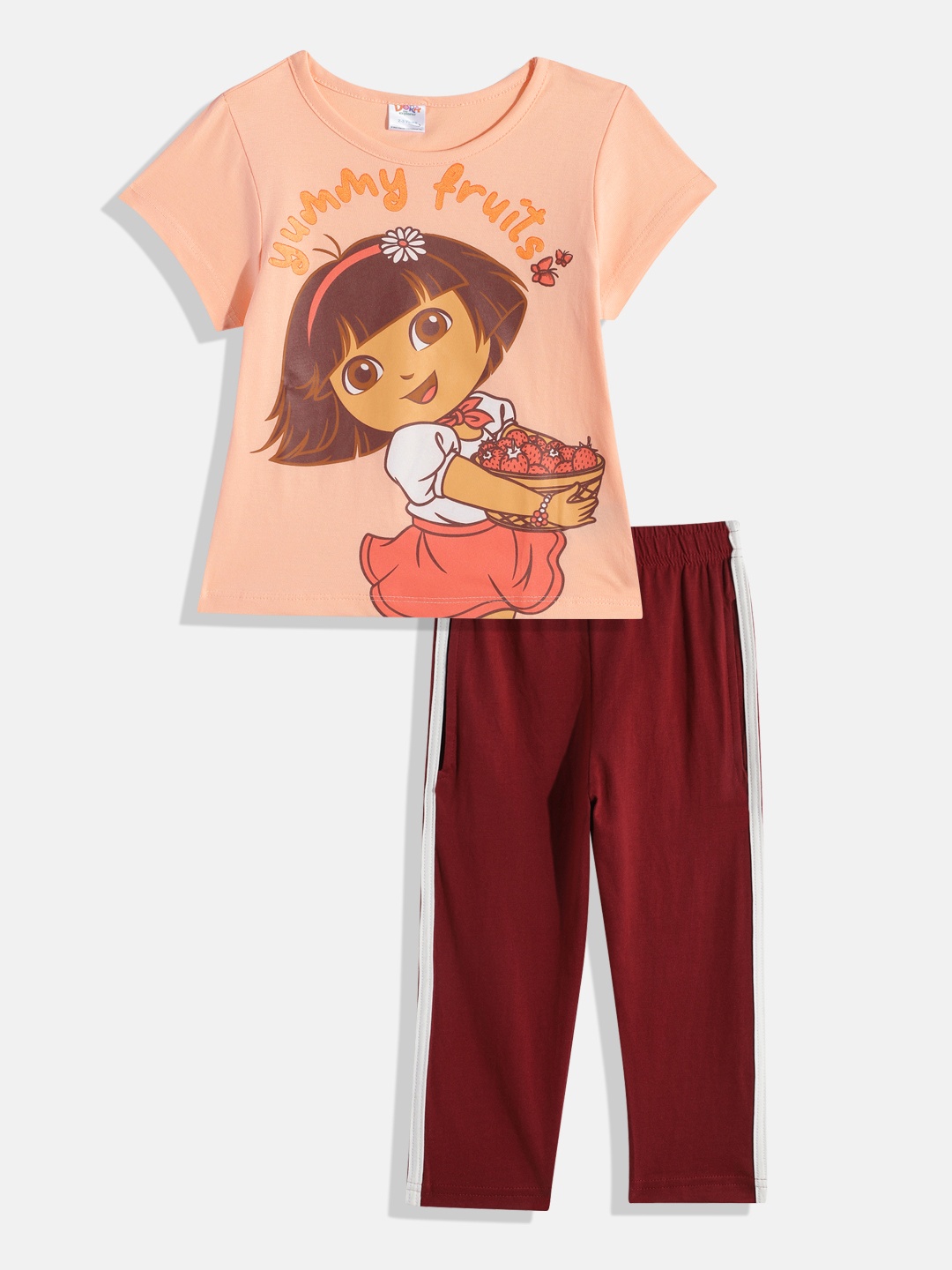 

Here&Now X Denikid Girls Pure Cotton Dora Printed T-shirt with Leggings, Peach