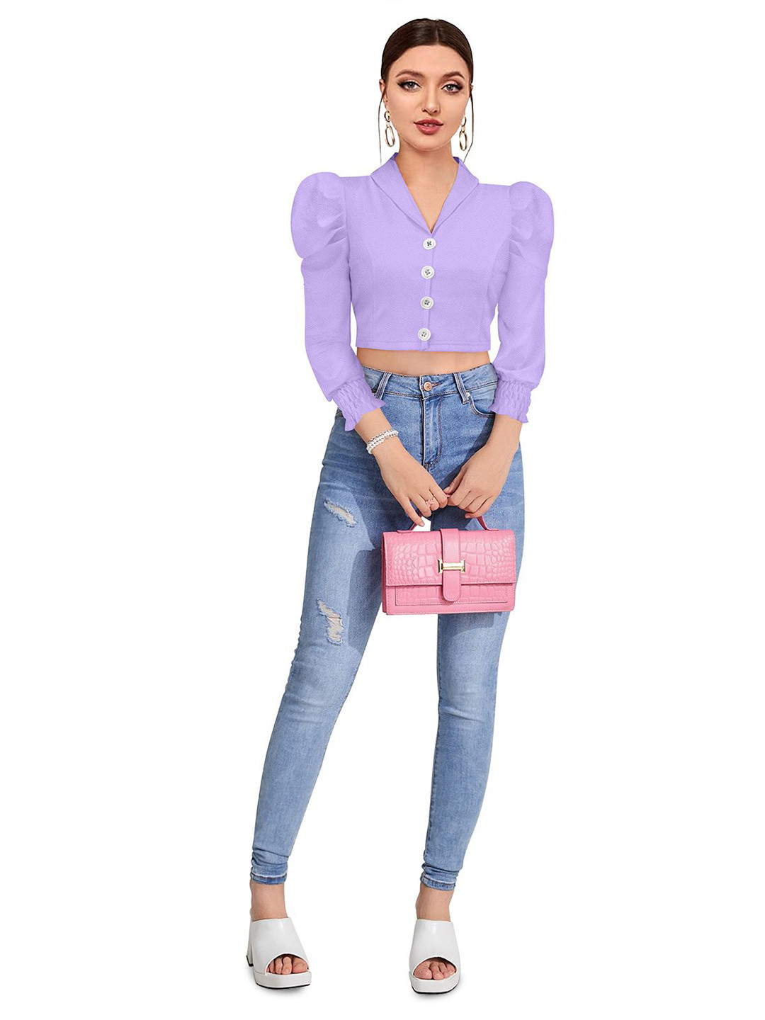 

BAESD Solid Self Design Shirt Collar Shirt Style Top, Purple