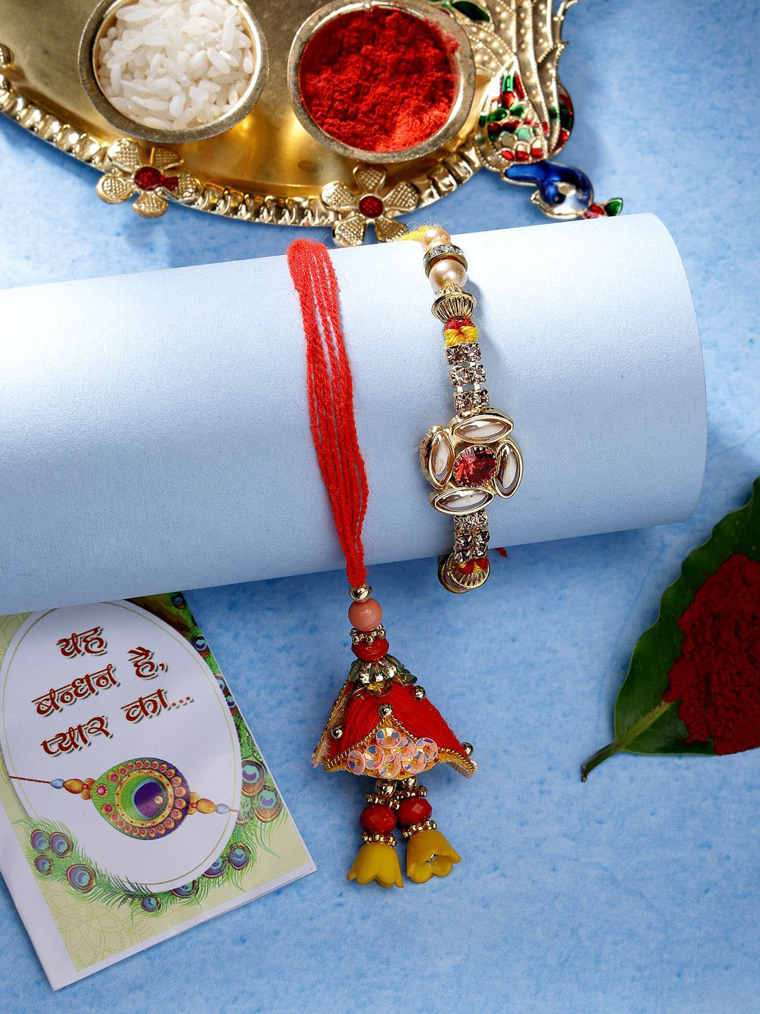 

NVR Set of 2 Stone-Studded Bhaiya Bhabhi Rakhi With Roli Chawal, Red