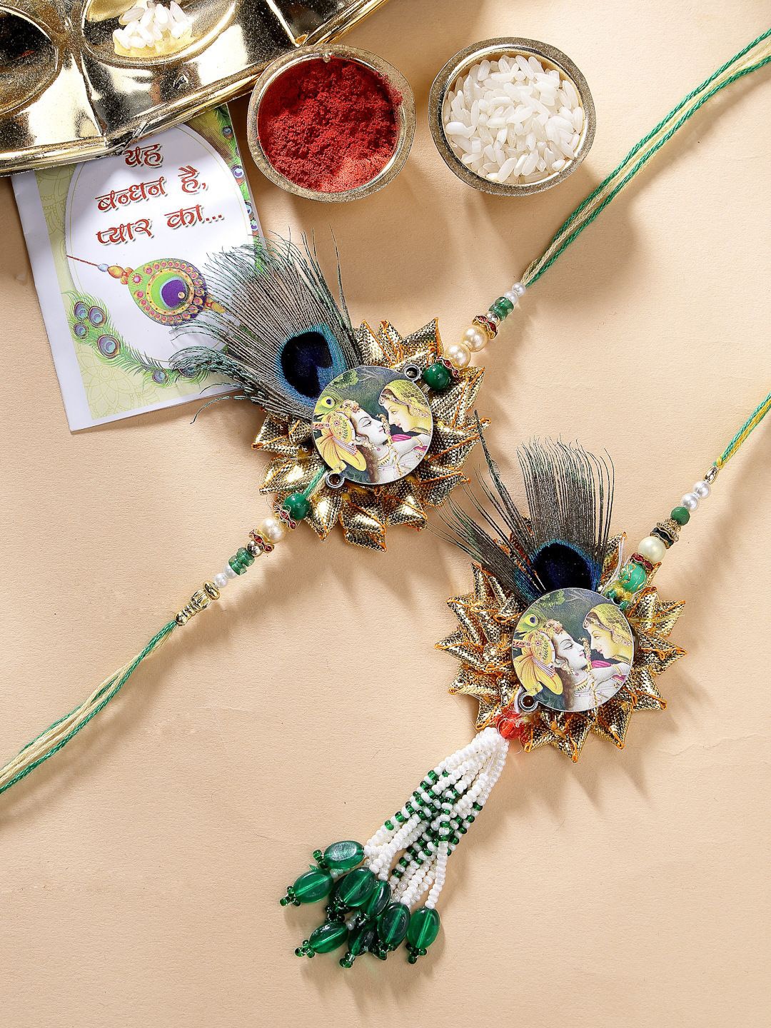 

NVR Radha Krishna Beaded Bhaiya Bhabhi Rakhi With Roli Chawal, Green