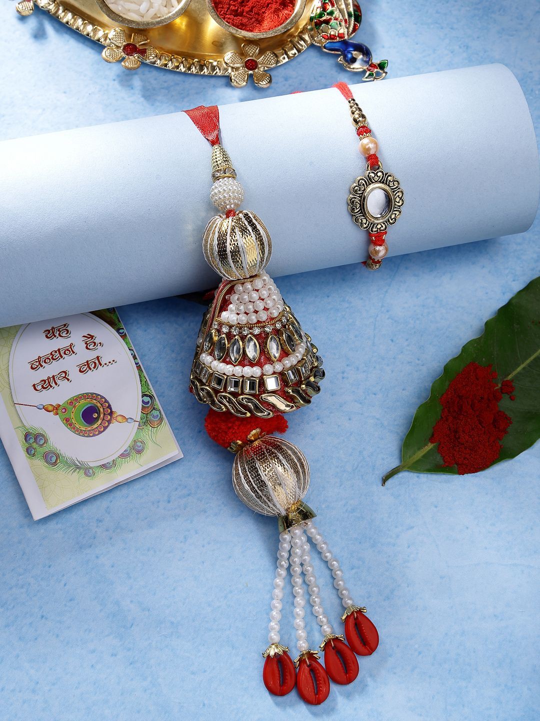 

NVR Set of 2 Kundan-Studded Bhaiya Bhabhi Rakhi With Roli Chawal, Gold