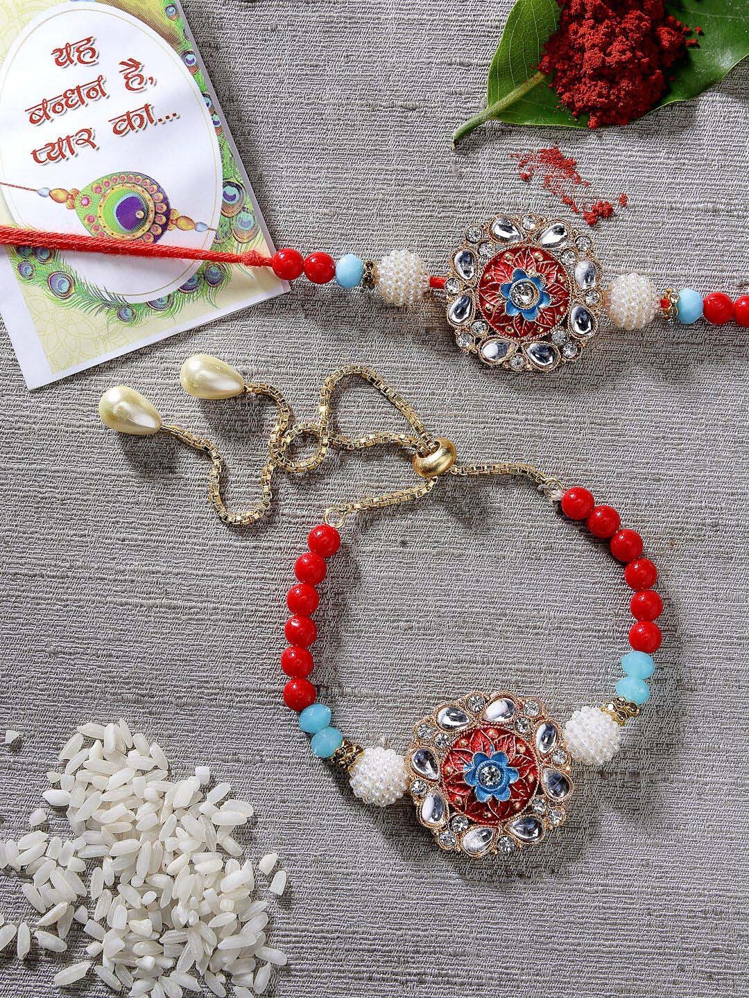 

NVR Set of 2 Stone-Studded & Beaded Bhaiya Bhabhi Rakhi with Roli Chawal, Red