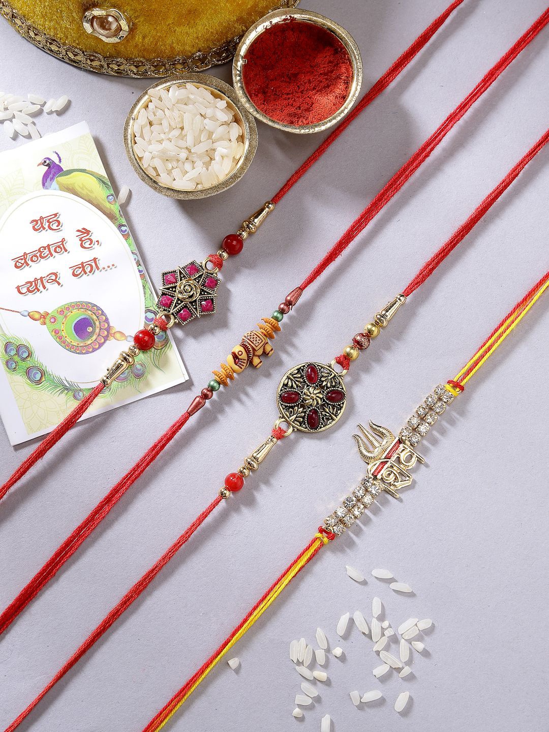NVR Set of 4 Stone-Studded Rakhis With Roli Chawal, Red