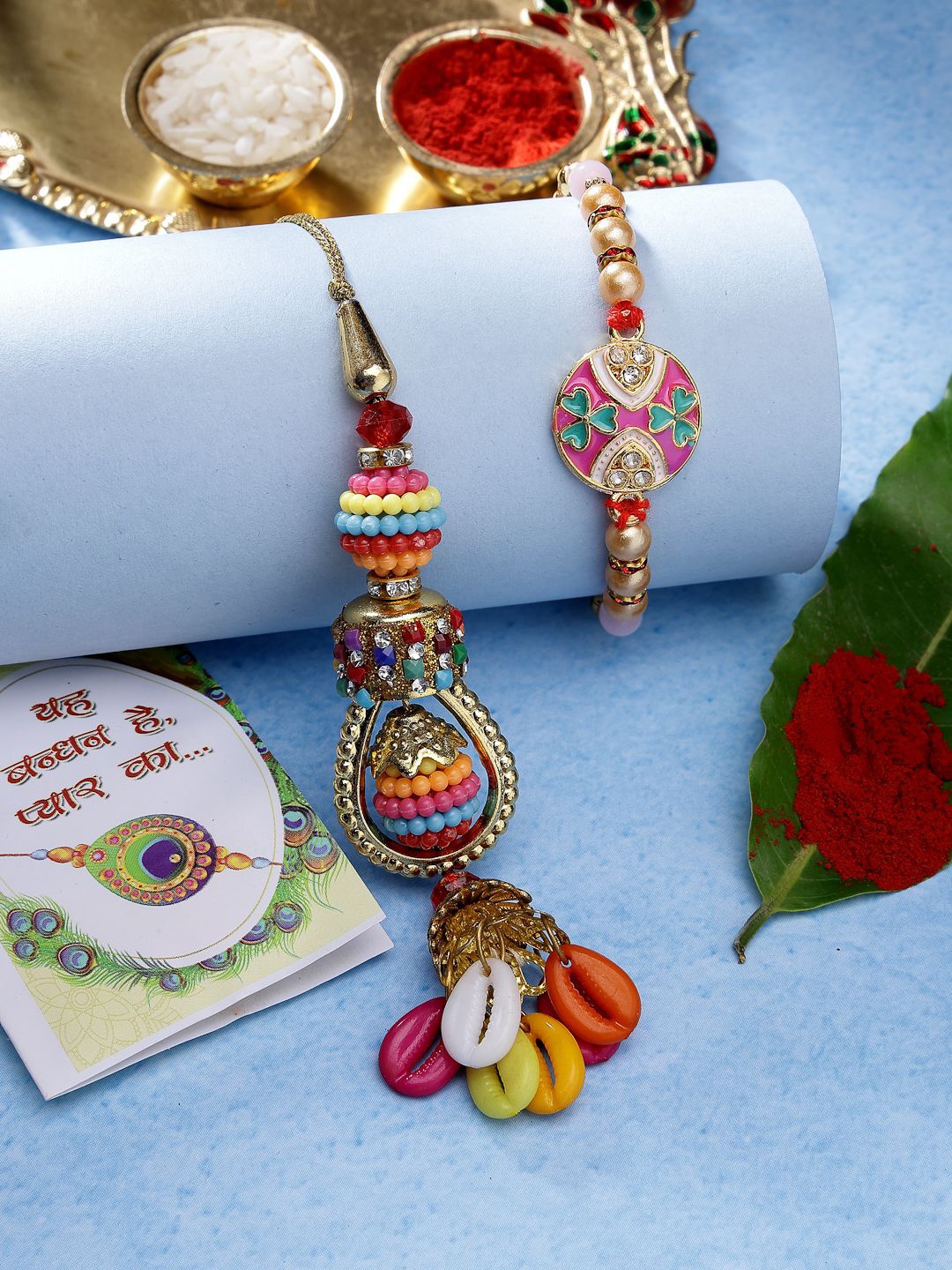 

NVR Beaded Bhaiya Bhabhi Rakhi With Roli Chawal, Red