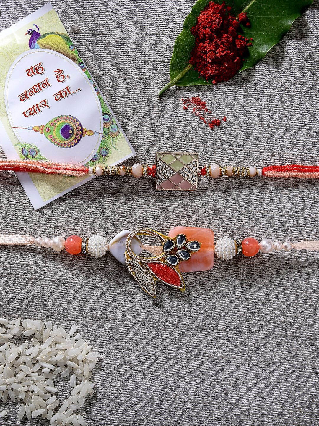 

NVR Set of 2 Stone-Studded Rakhi With Roli Chawal, White