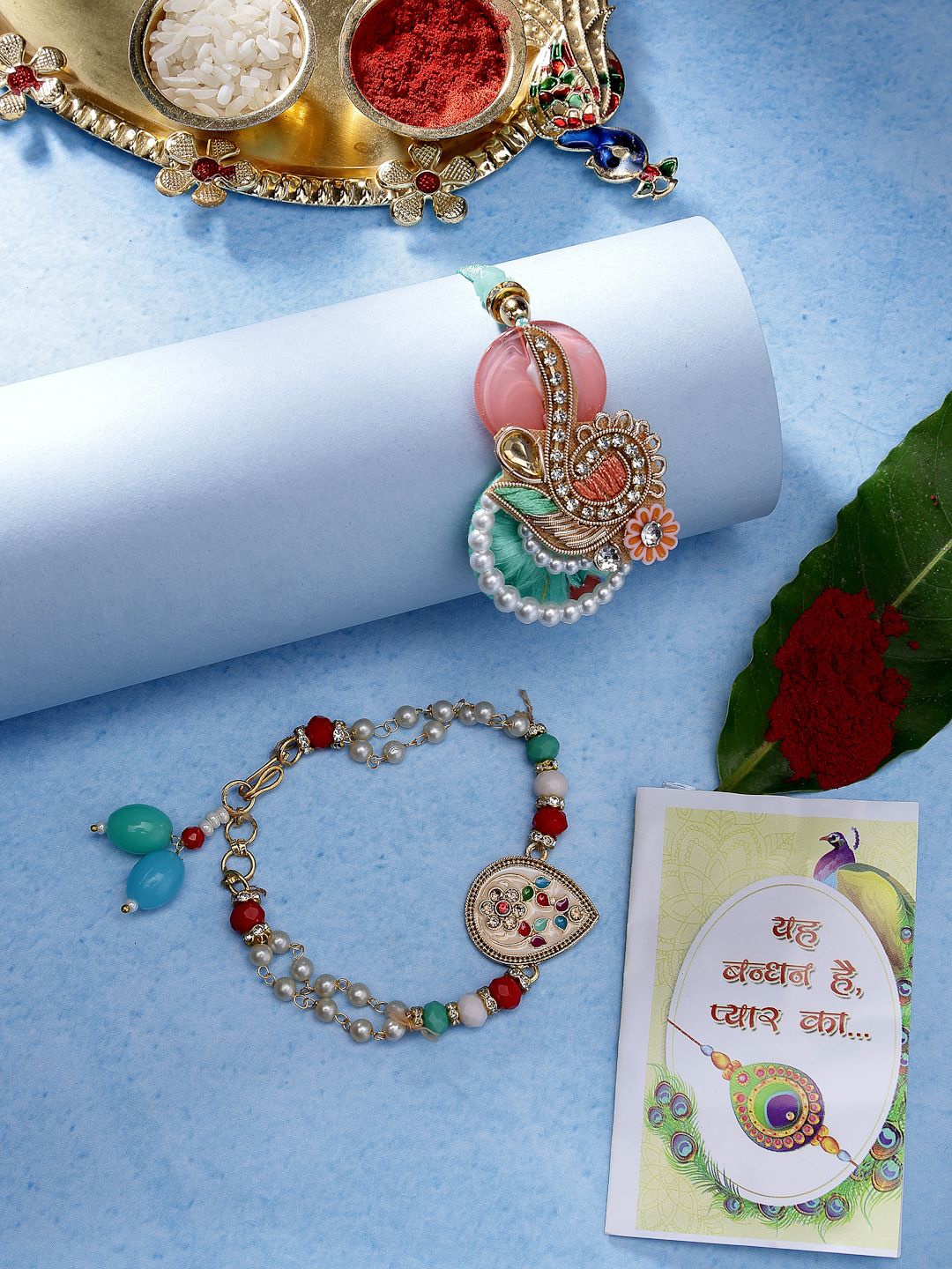 

NVR Set of 2 Stone-Studded & Beaded Bhaiya Bhabhi Rakhi with Roli Chawal, White