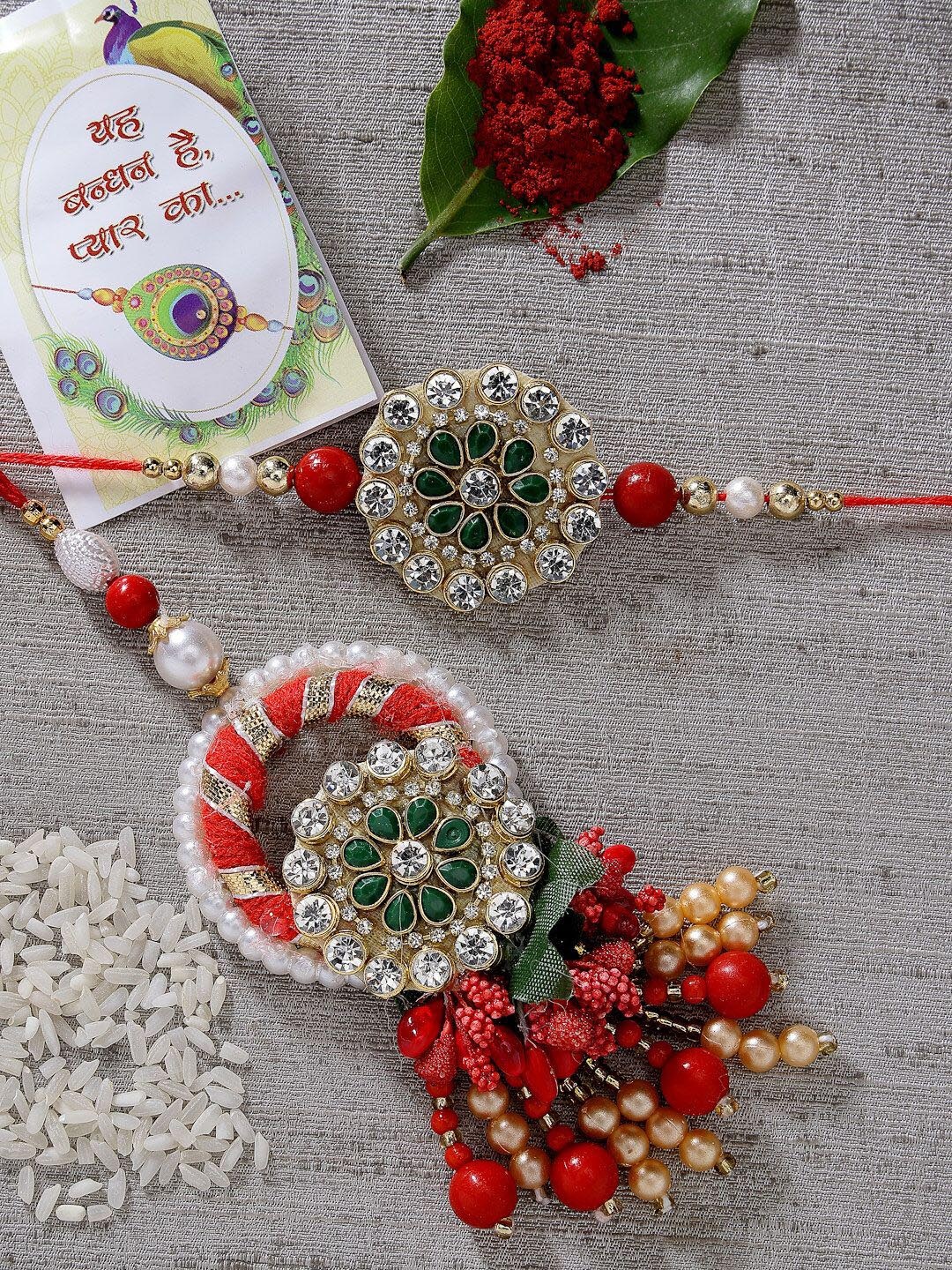 

NVR Stone-Studded & Beaded Bhaiya Bhabhi Rakhi With Roli Chawal, Gold