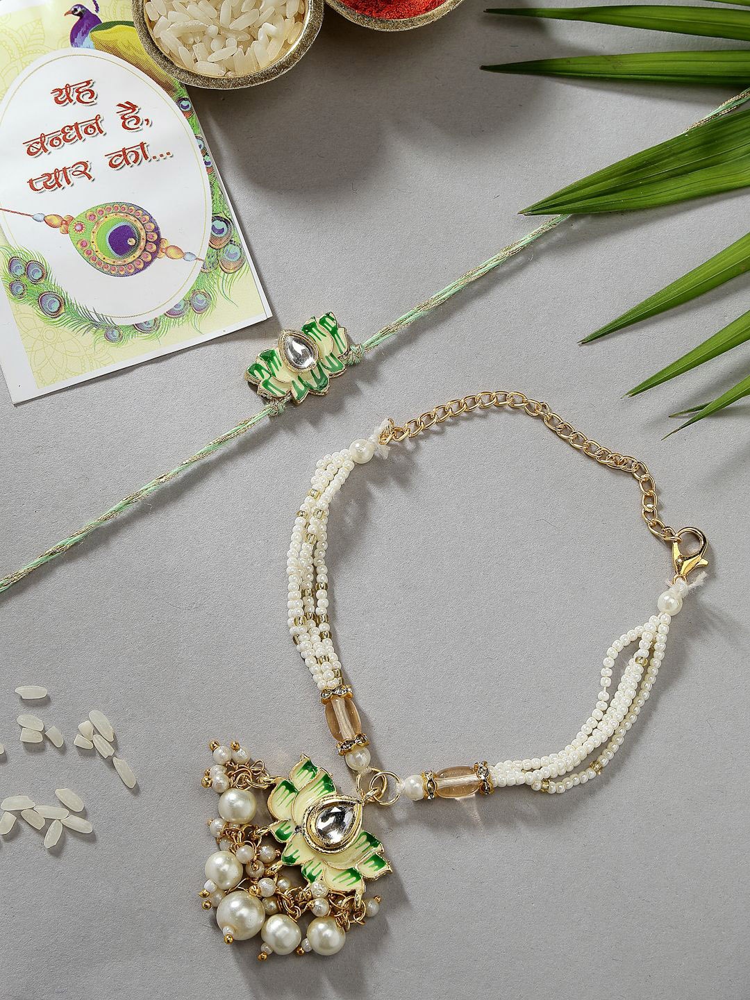 

NVR Set of 2 Kundan-Studded & Beaded Wraparound Rakhis With Roli Chawal, Green