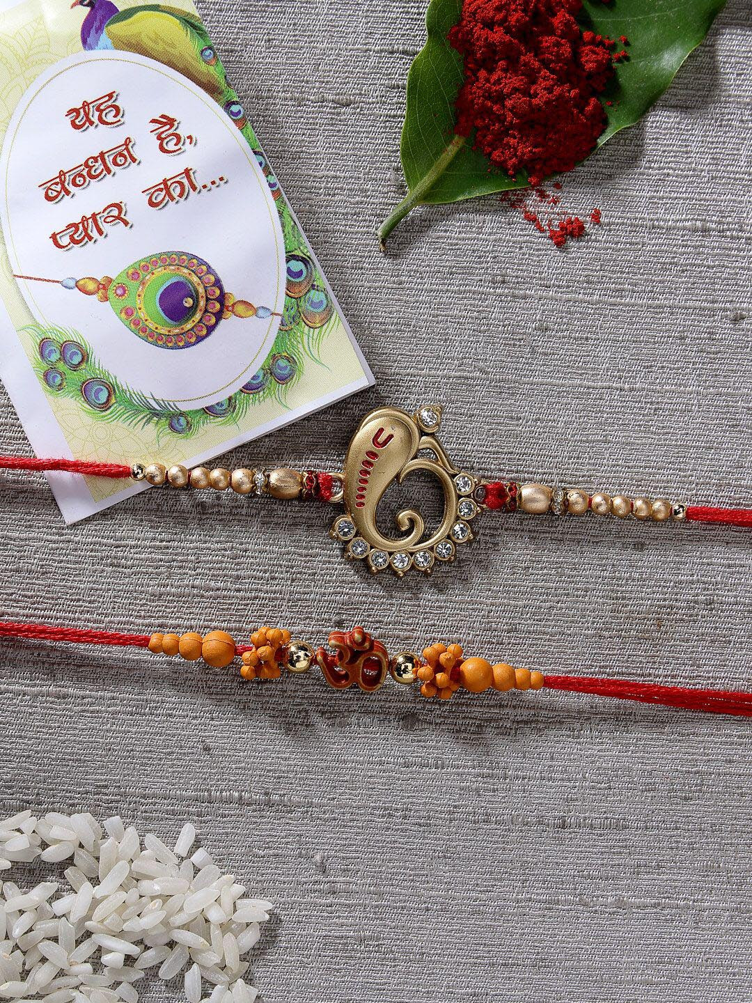

NVR Set of 2 Stone-Studded Thread Rakhis With Roli Chawal, Red