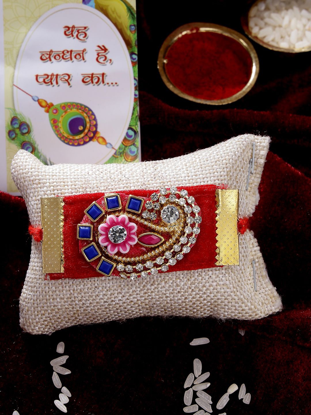 

NVR Men Stones Studded Thread Rakhi With Roli Chawal, Red