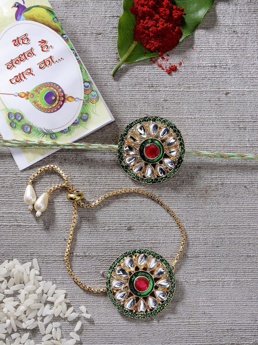 

NVR Set of 2 Kundan-Studded Wraparound Rakhis With Roli Chawal, Gold