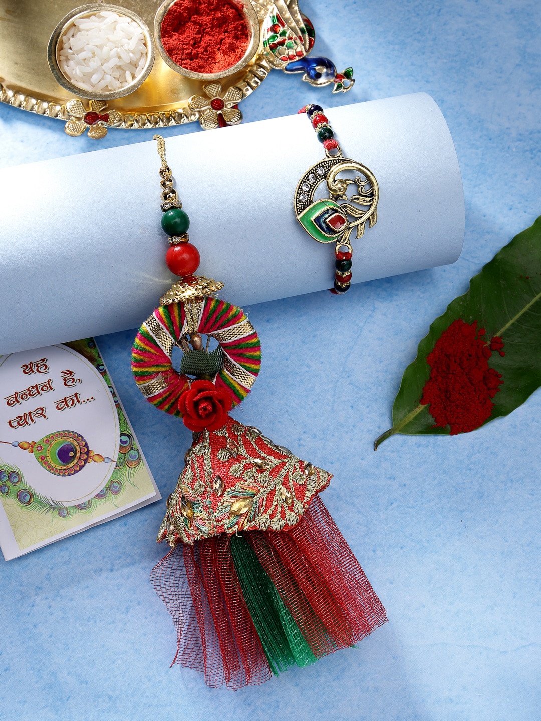 

NVR Set of 2 Stone-Studded & Beaded Bhaiya Bhabhi Rakhi with Roli Chawal, Red