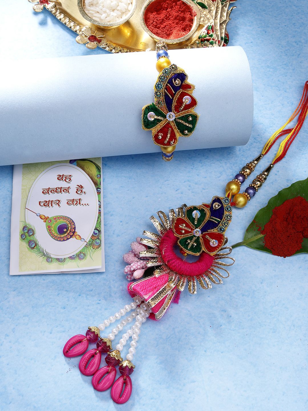 

NVR Beaded Bhaiya Bhabhi Rakhi With Roli Chawal, Red