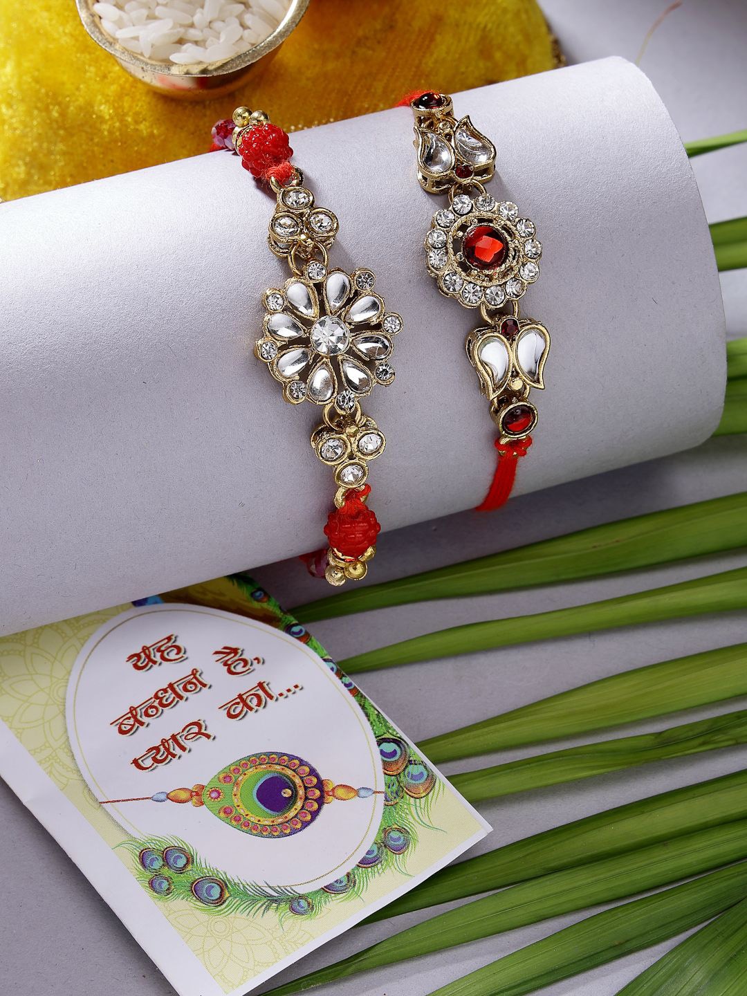 

NVR Set of 2 Stone-Studded Rakhi With Roli Chawal, Gold