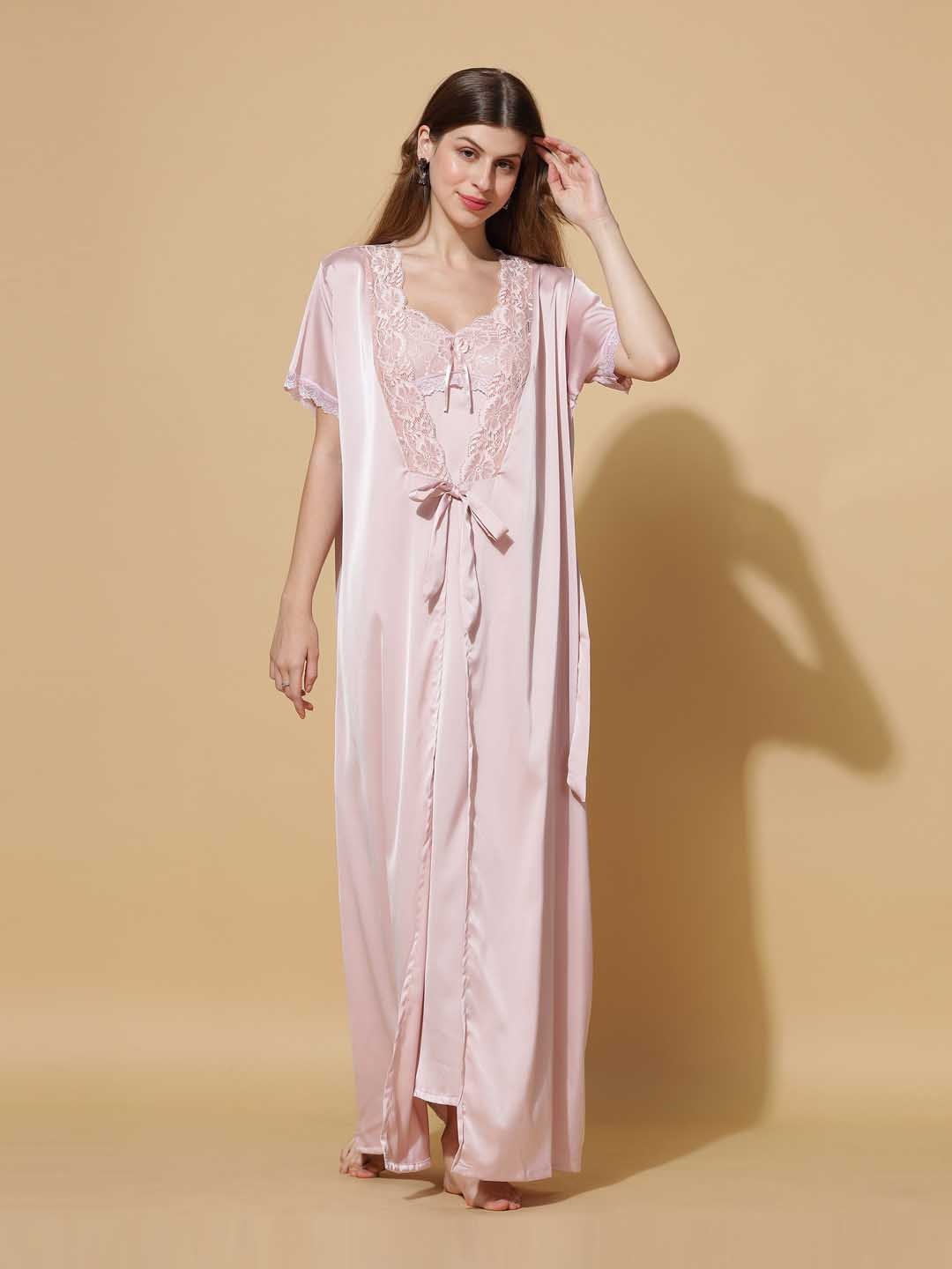 

9shines Label Shoulder Straps Baby Doll Satin Maxi Nightdress with Robe, Rose gold