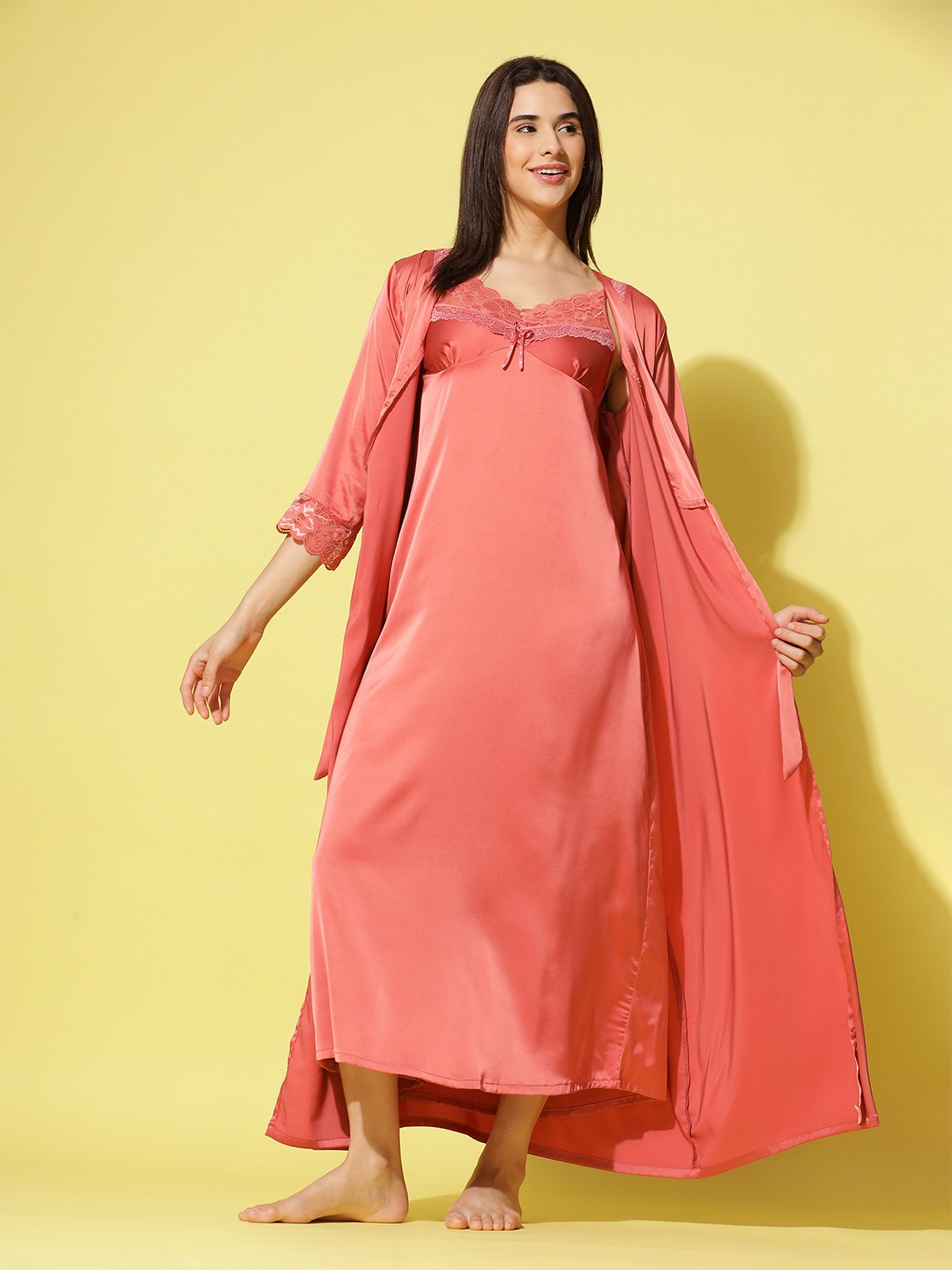 

9shines Label Shoulder Strap Lace Maxi Nightdress With Robe, Peach