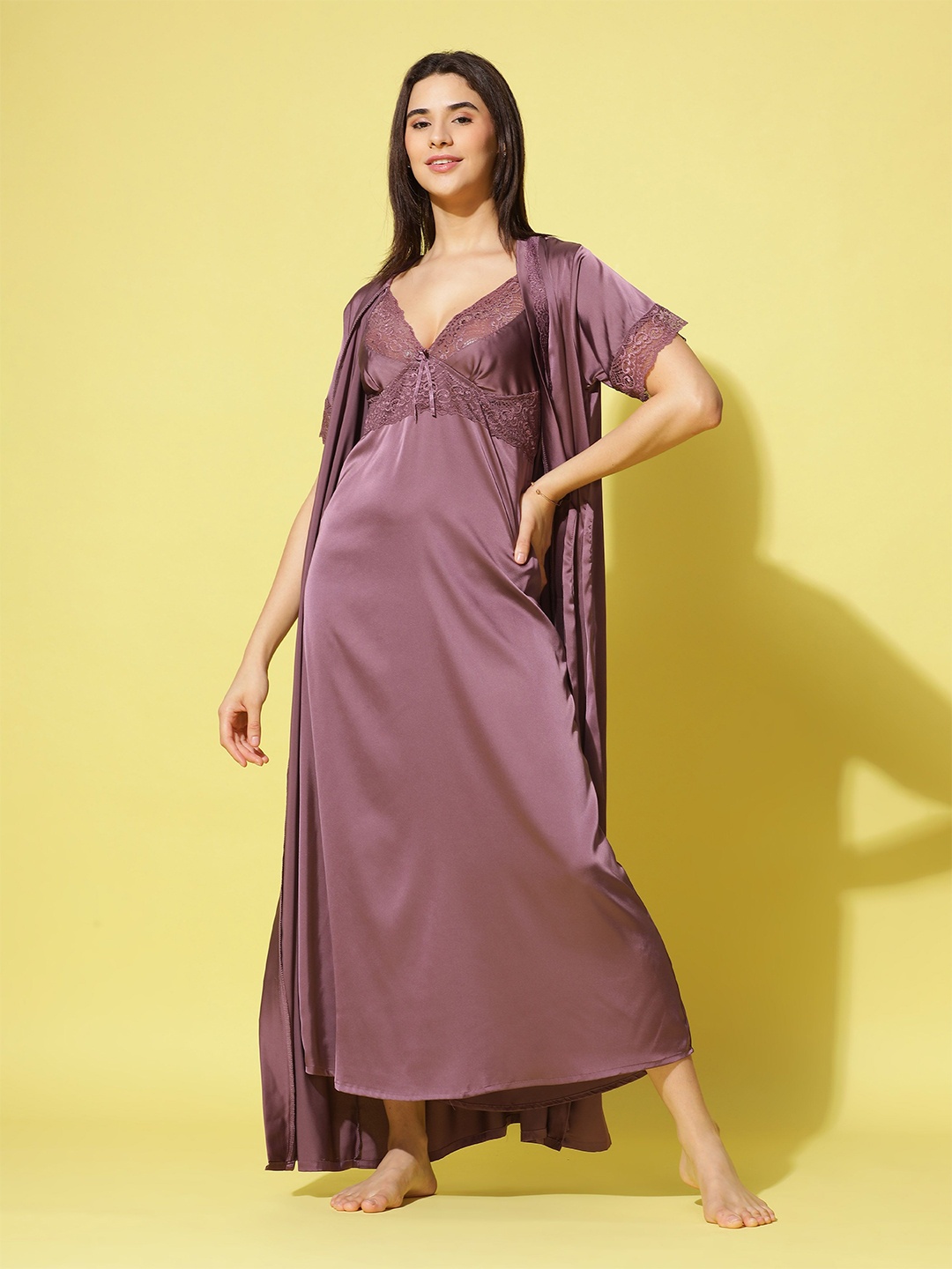 

9shines Label Shoulder Straps Baby Doll Satin Maxi Nightdress with Robe, Mauve