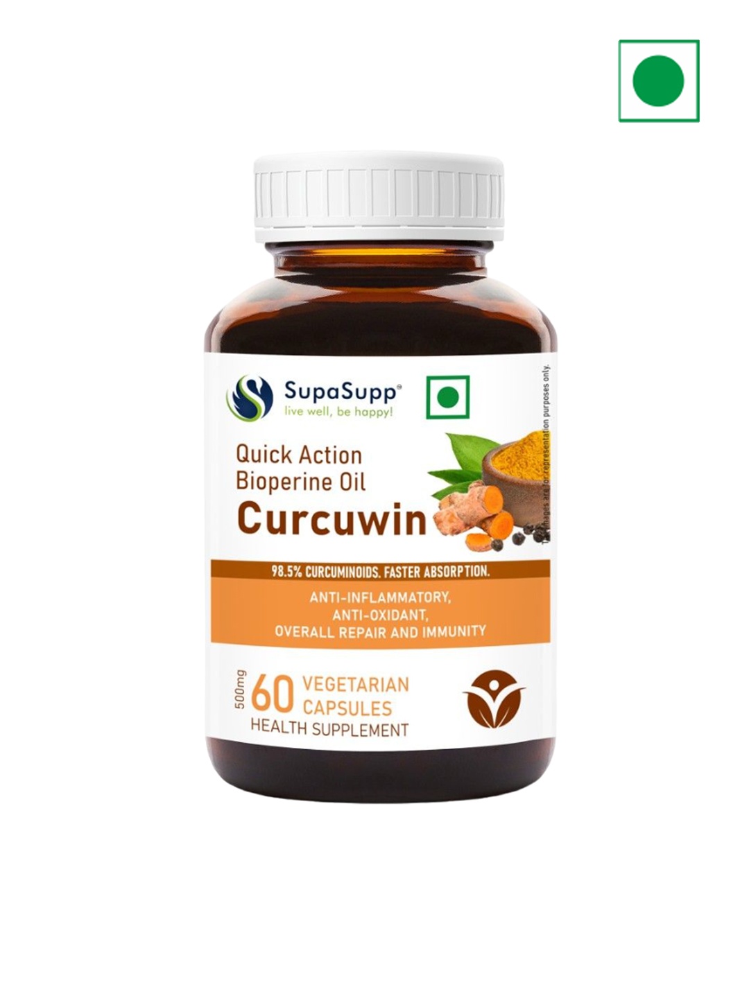 

Sri Sri Tattva SupaSupp Quick Action Bioperine Oil Curcuwin Anti-Inflammatory-60 Capsules, Yellow