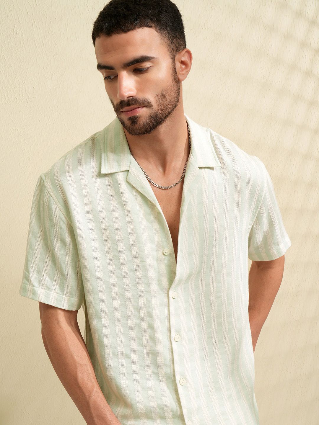 

LOCOMOTIVE Men Premium Dobby Textured Cuban Collar Relaxed Shirt, Green