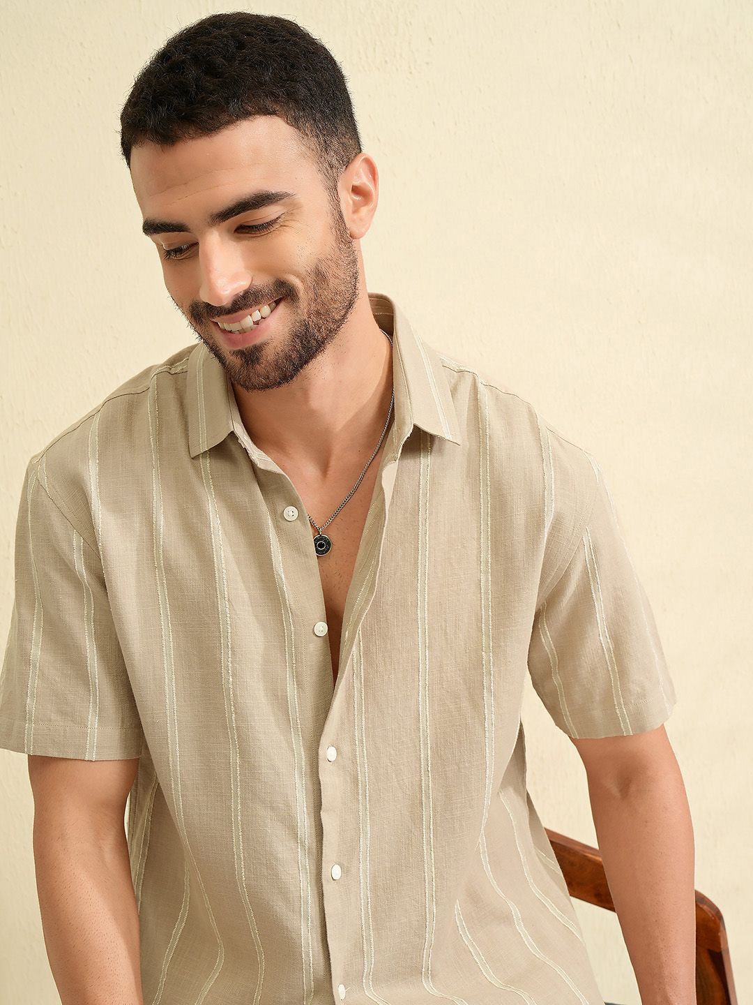 

LOCOMOTIVE Men Premium Dobby Textured Striped Relaxed Shirt, Khaki