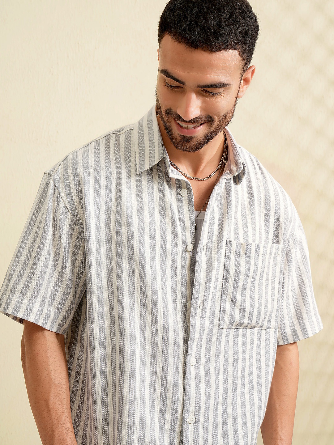 

LOCOMOTIVE Men Premium Dobby Textured Striped Oversized Shirt, Grey
