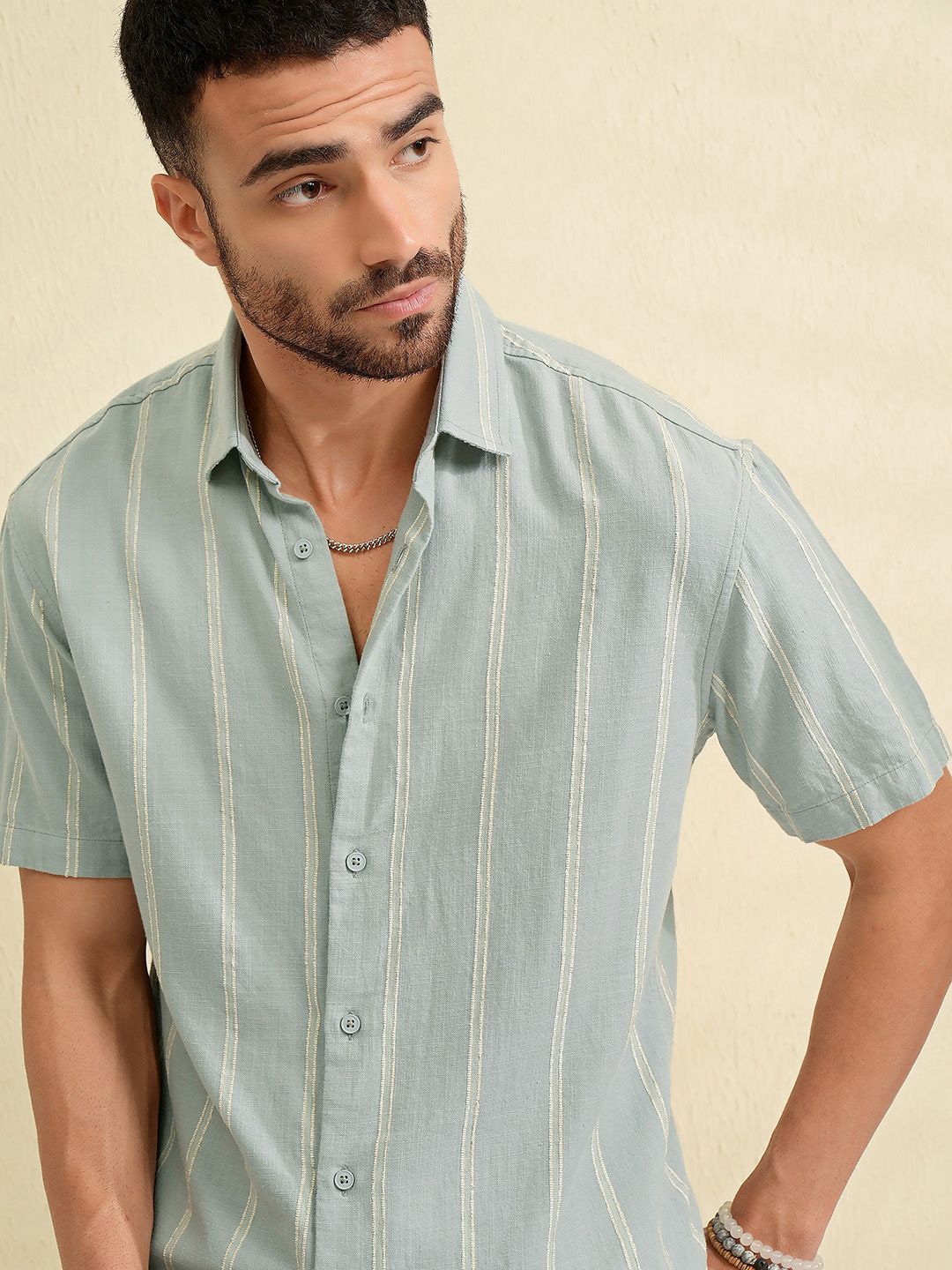 

LOCOMOTIVE Men Premium Sage Dobby Textured Striped Relaxed Shirt, Green