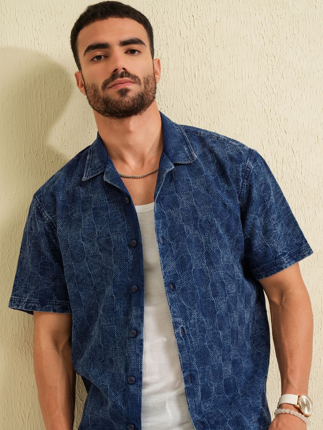 

LOCOMOTIVE Men Premium Indigo Washed Printed Cuban Collar Relaxed Shirt, Blue