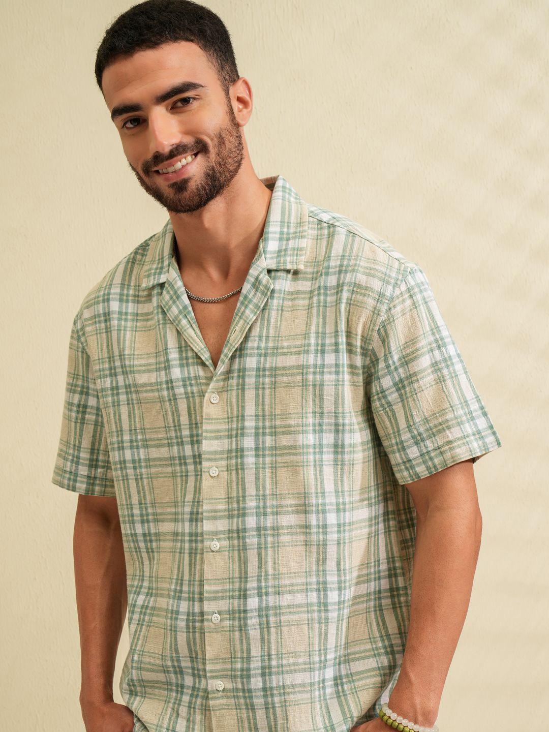 

LOCOMOTIVE Men Premium Cotton Linen Dobby Textured Checked Cuban Collar Relaxed Shirt, Beige
