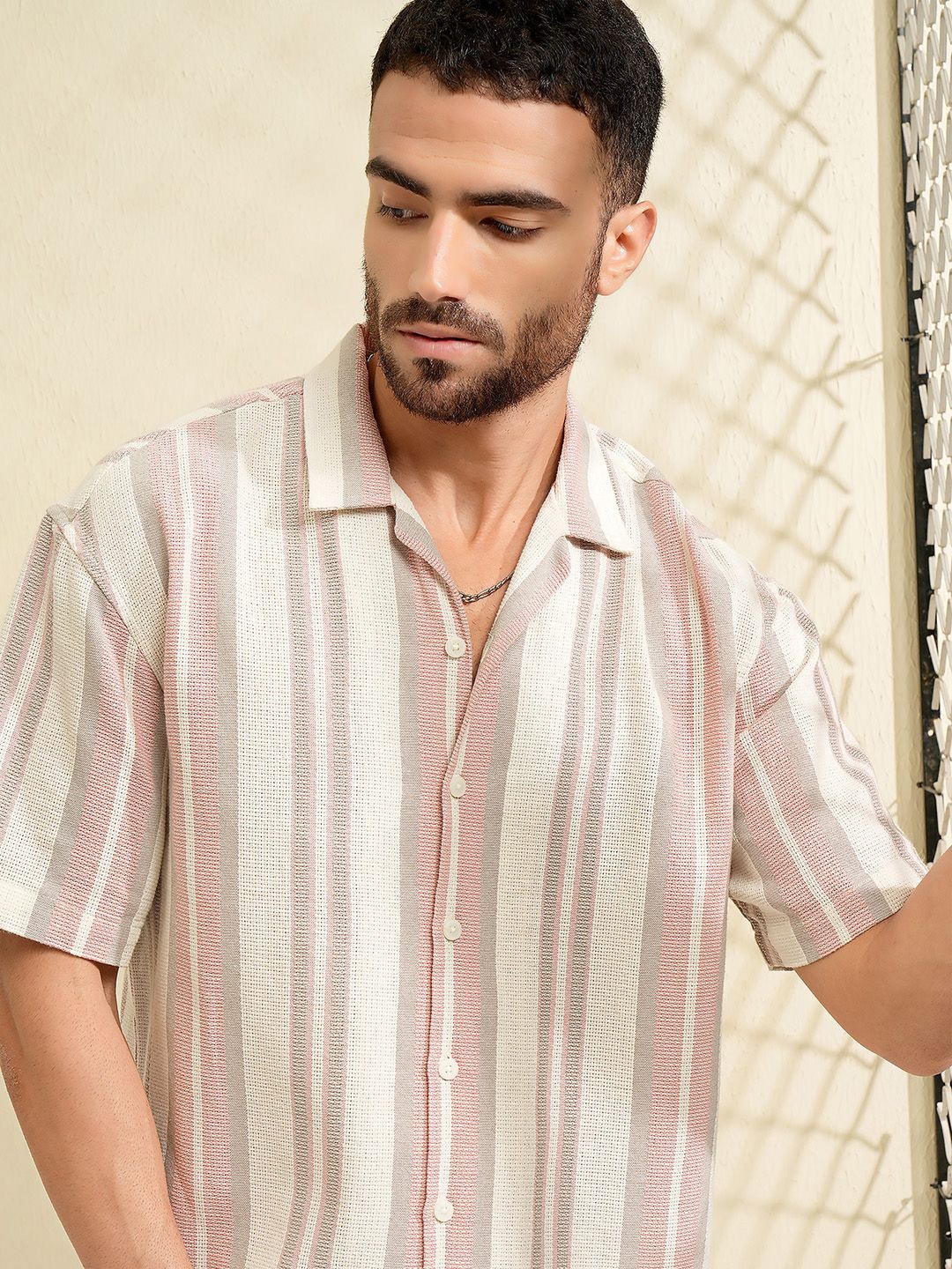 

LOCOMOTIVE Men Premium Dobby Textured Striped Cuban Collar Oversized Shirt, Pink