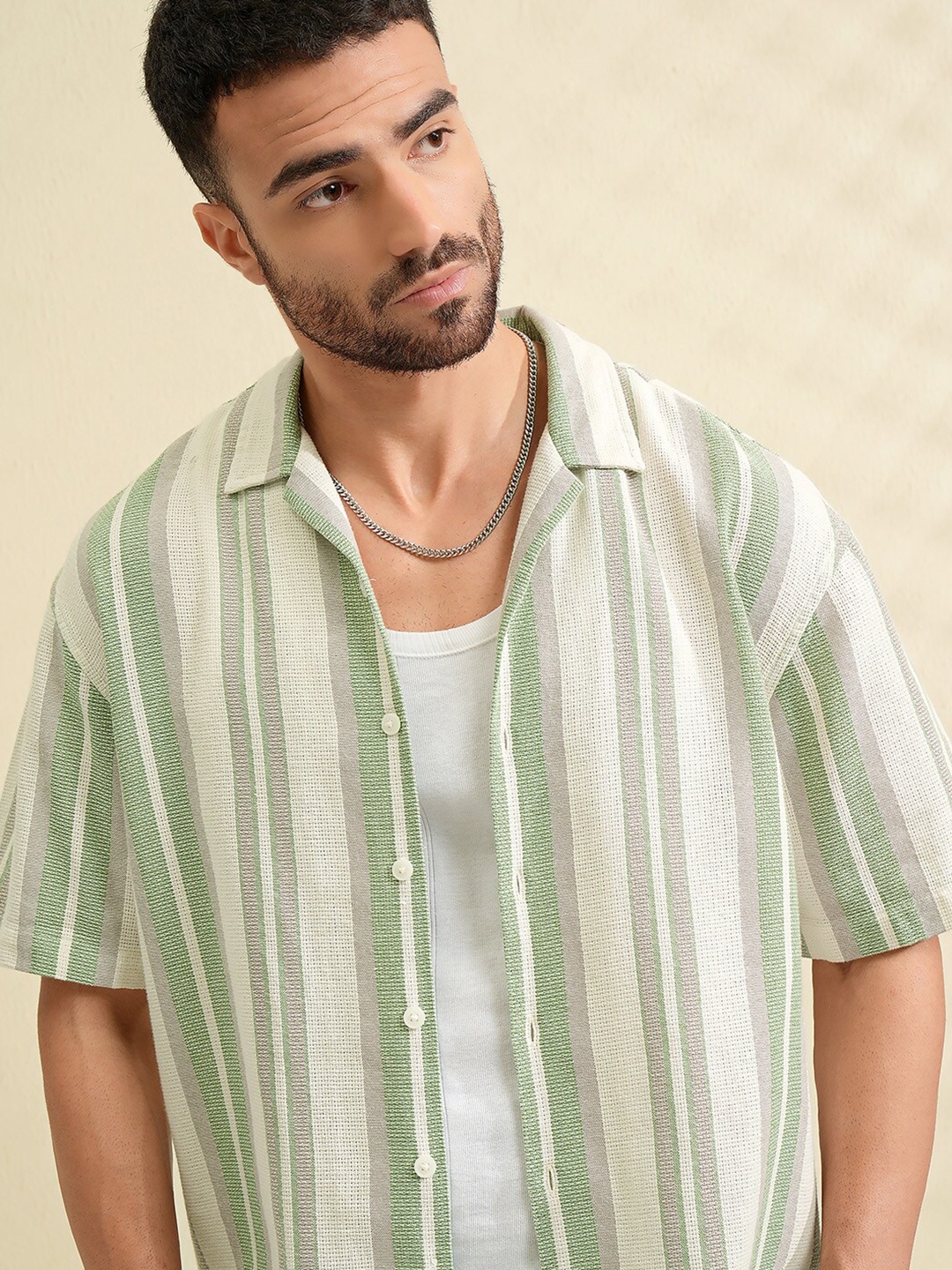 

LOCOMOTIVE Men Premium Dobby Textured Striped Cuban Collar Oversized Shirt, Green