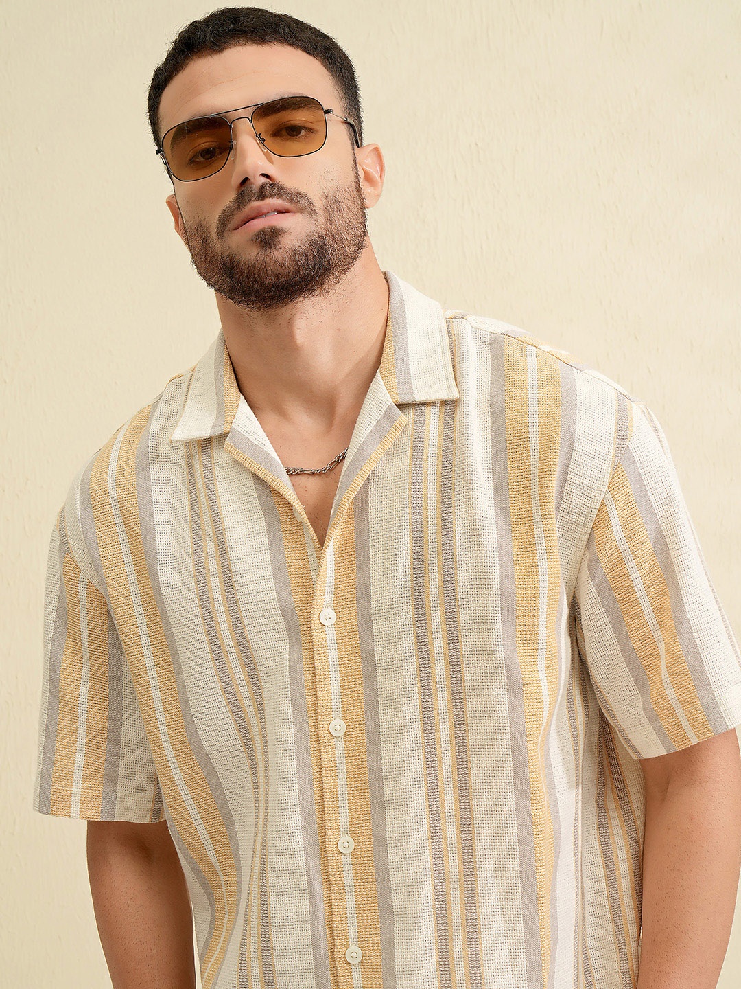 

LOCOMOTIVE Men Premium Mustard Dobby Textured Striped Cuban Collar Oversized Shirt