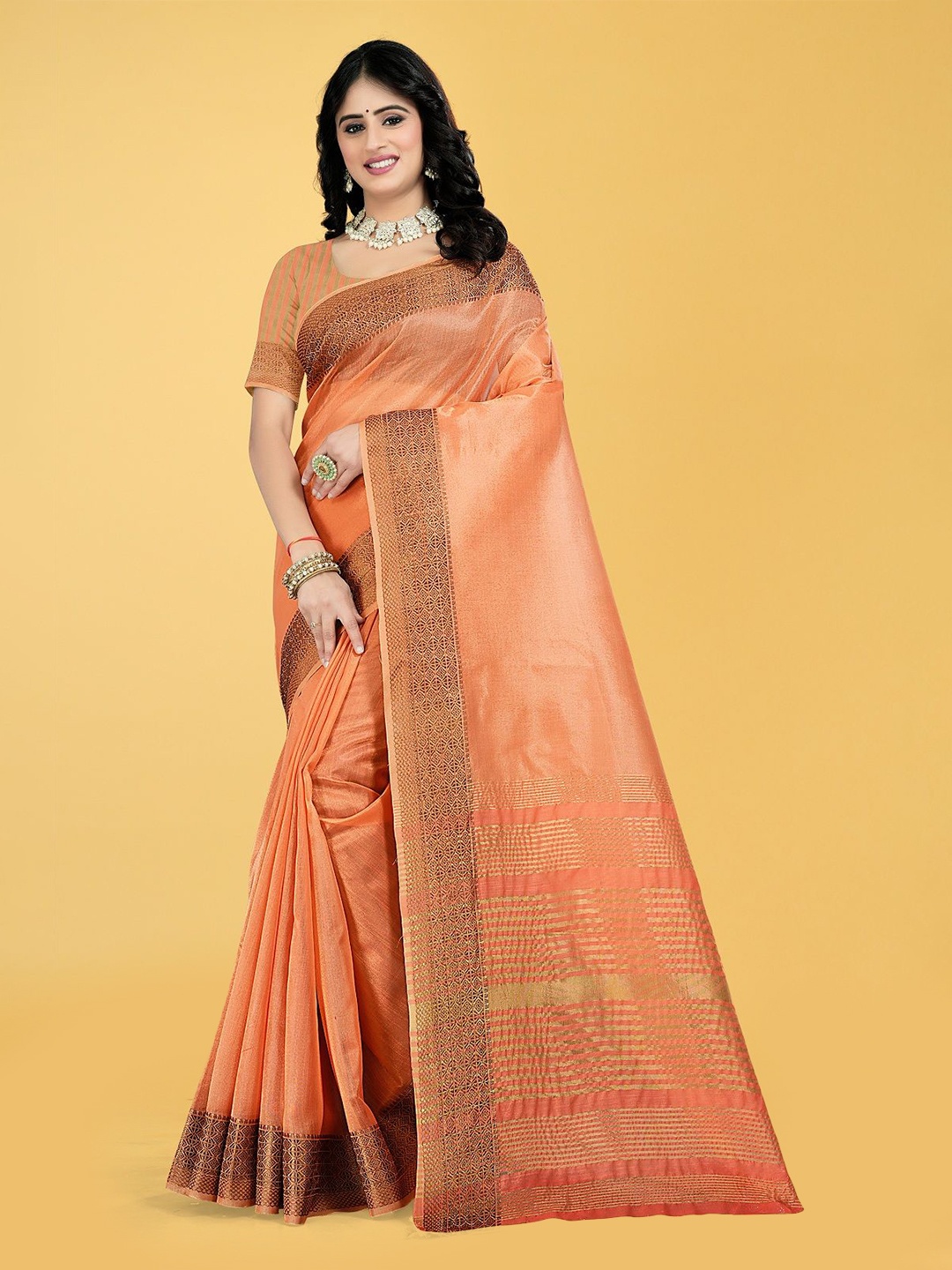 

THE WOMEN DECOR Zari Kanjeevaram Saree, Orange