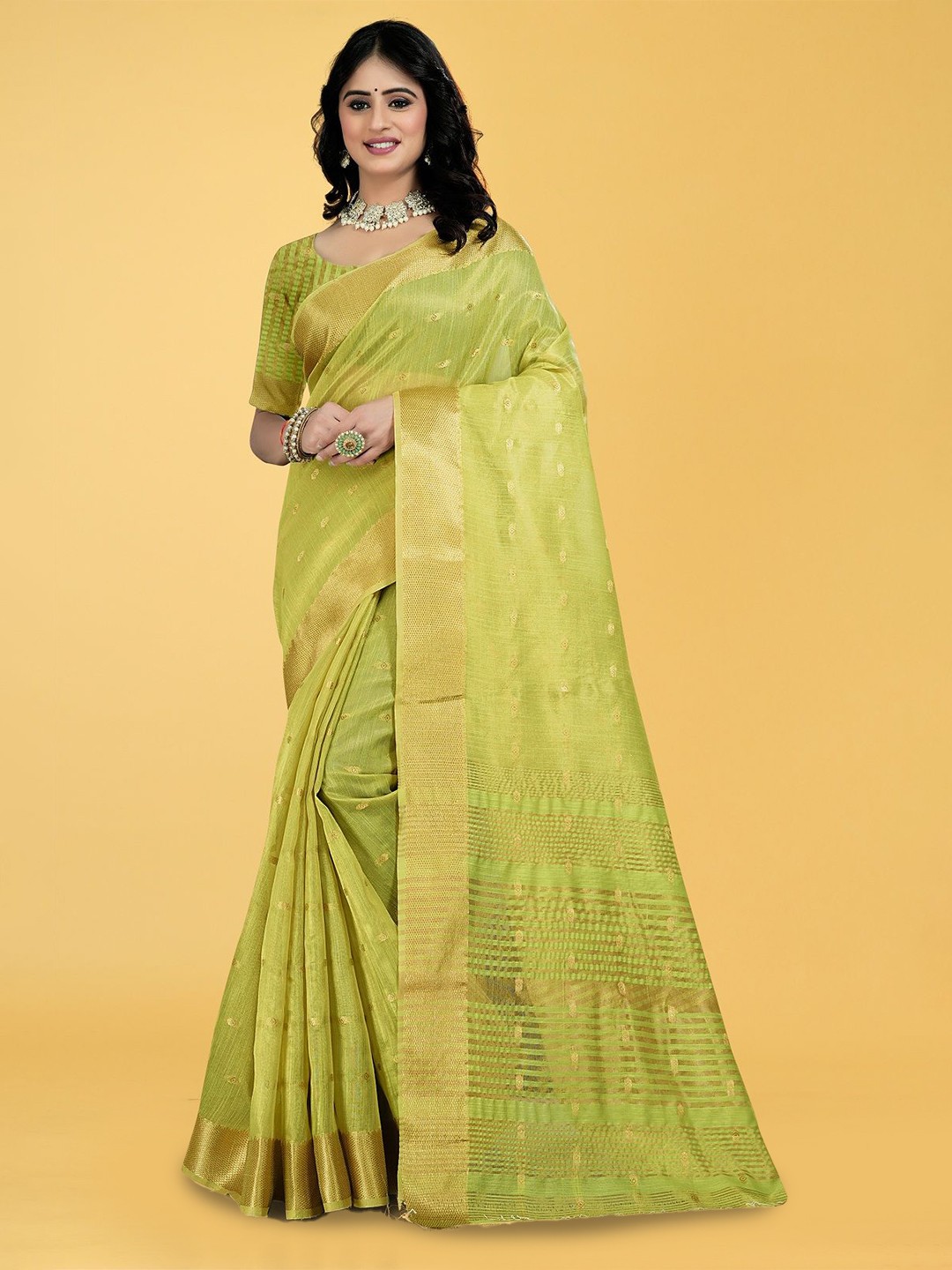 

THE WOMEN DECOR Ethnic Motifs Zari Fusion Tussar Saree, Sea green