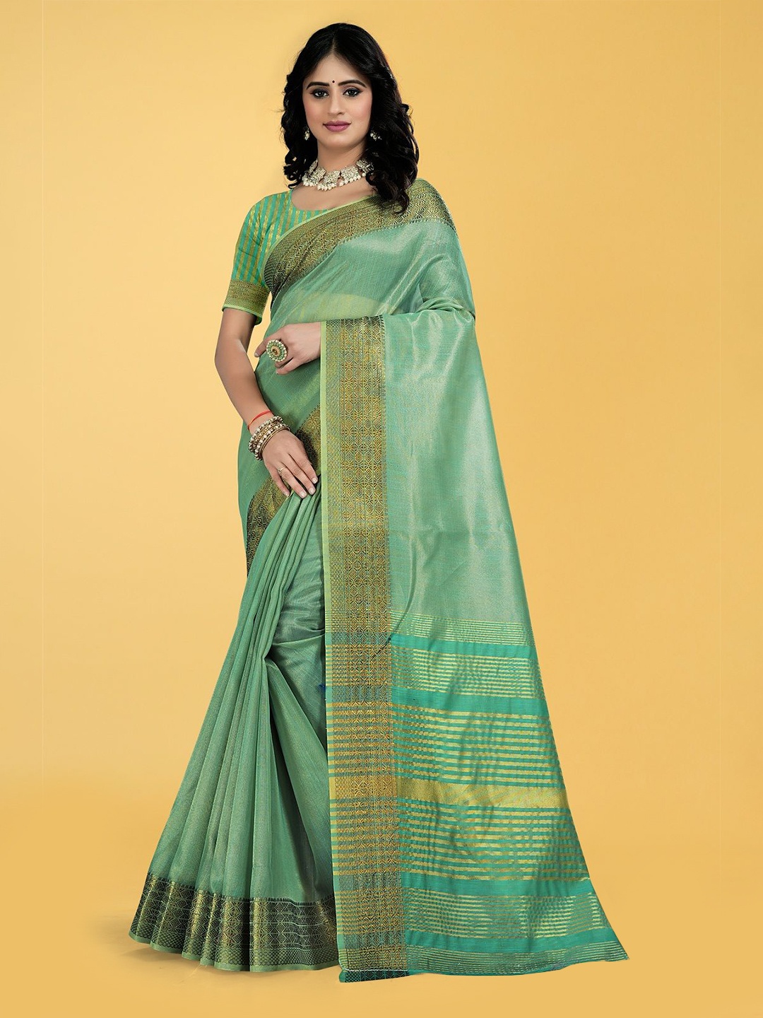 

THE WOMEN DECOR Zari Jute Silk Kanjeevaram Saree, Teal