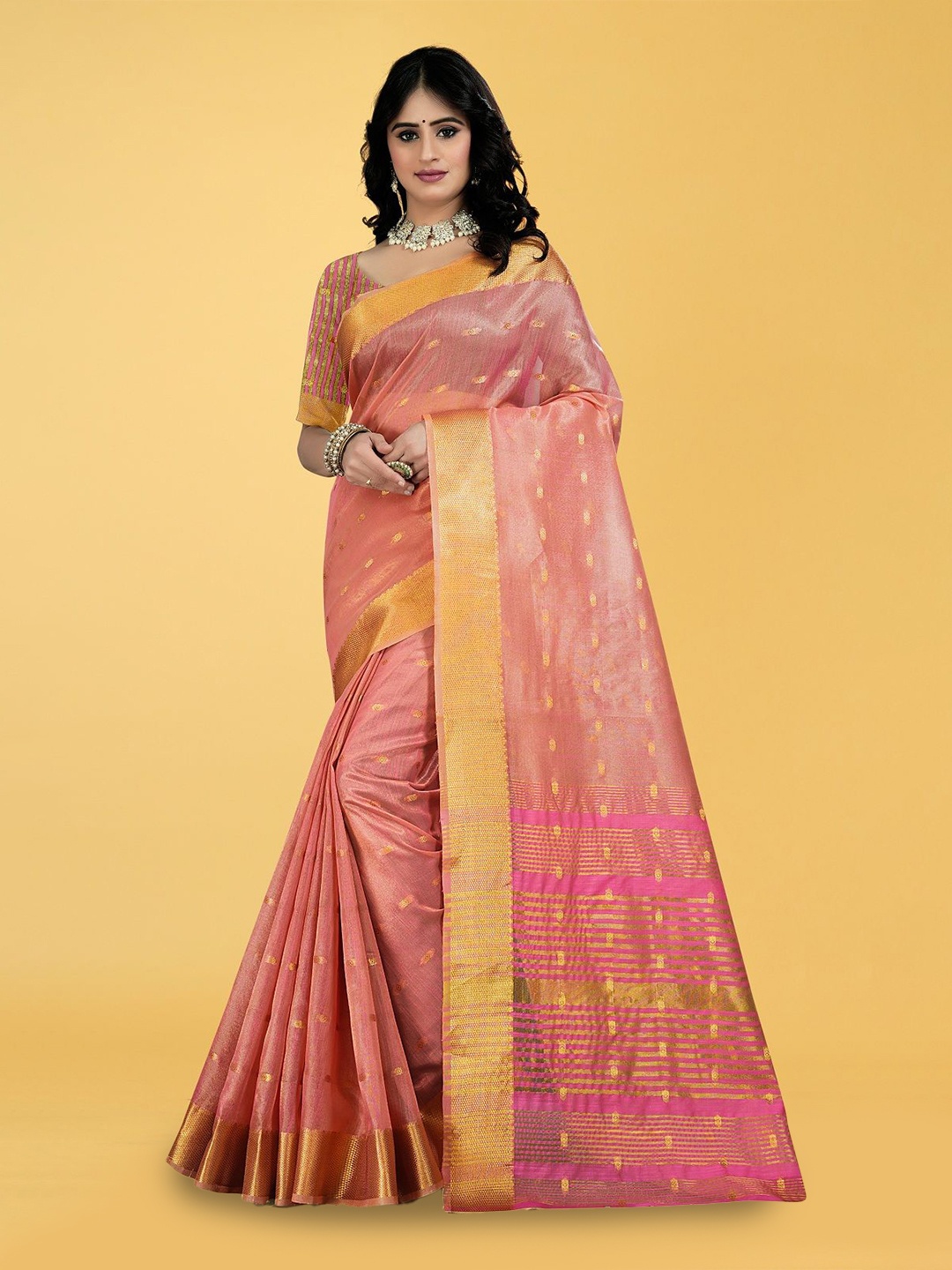 

THE WOMEN DECOR Butta Thread Woven Design Zari Tussar Saree, Peach