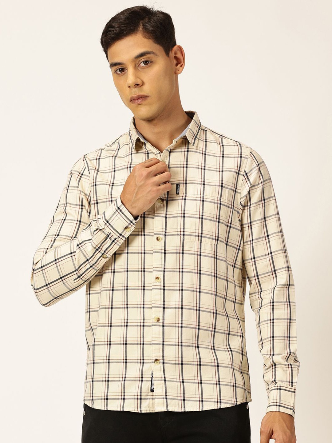 

Provogue Classic Slim Fit Windowpane Checks Pure Cotton Twill Casual Shirt, Beige