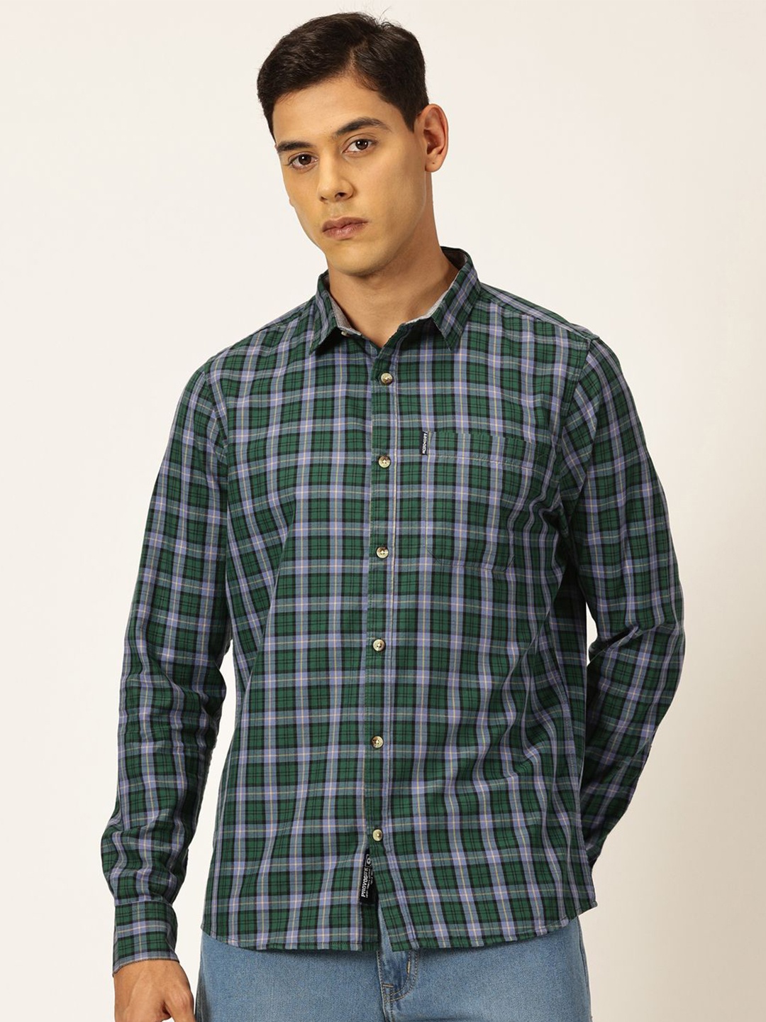 

Provogue Classic Slim Fit Tartan Checks Pure Cotton Twill Casual Shirt, Green
