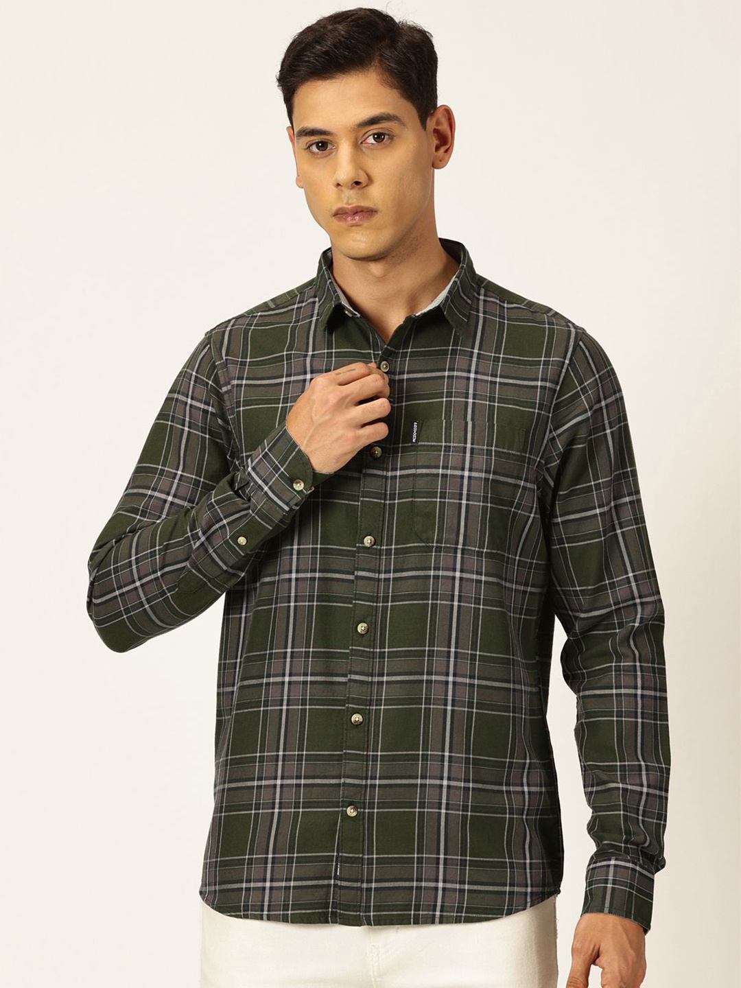 

Provogue Classic Slim Fit Tartan Checks Spread Collar Pure Cotton Casual Shirt, Green