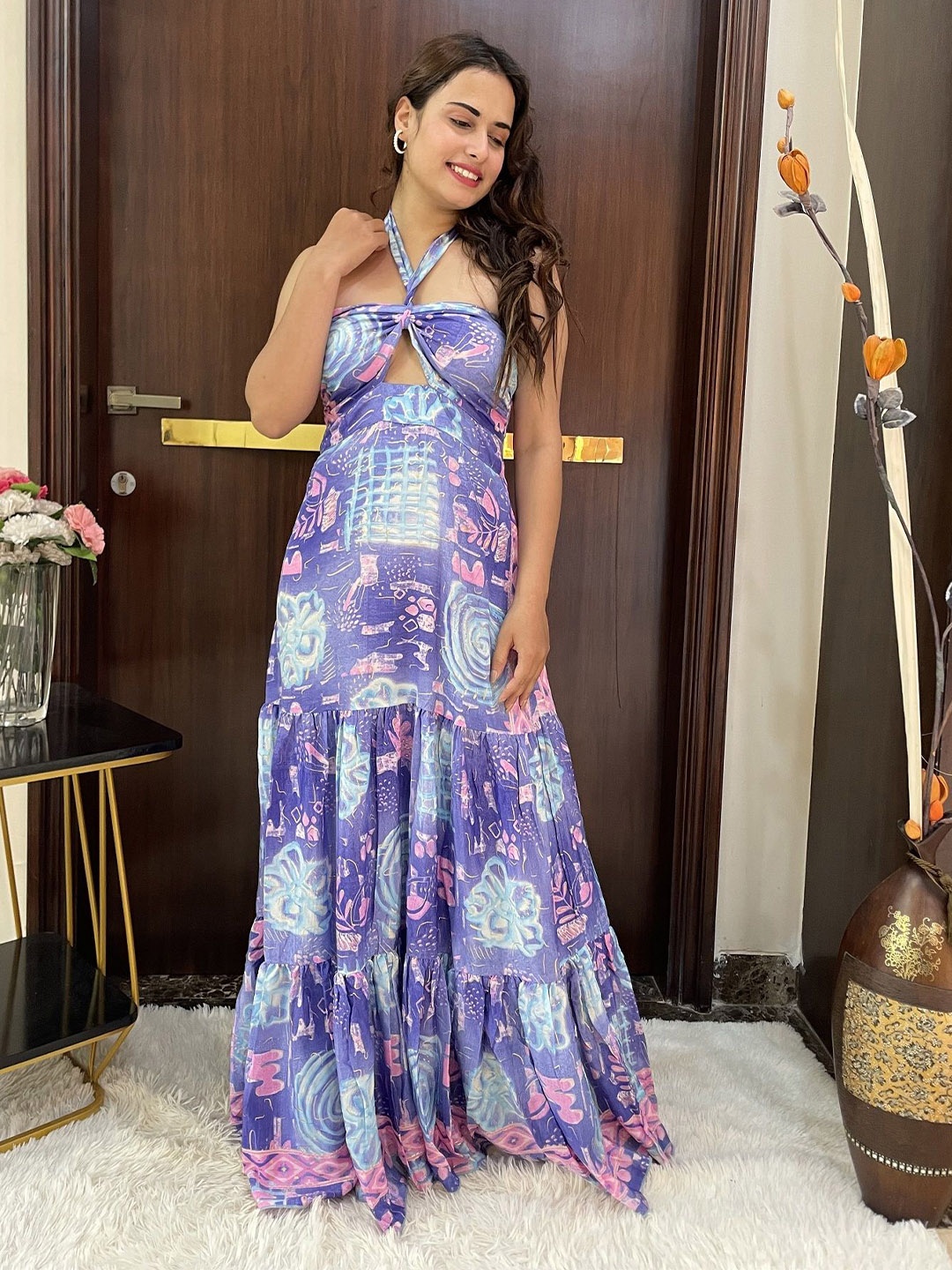 

smisingbee Halter Neck Sleeveless Floral Print Maxi Dress, Blue