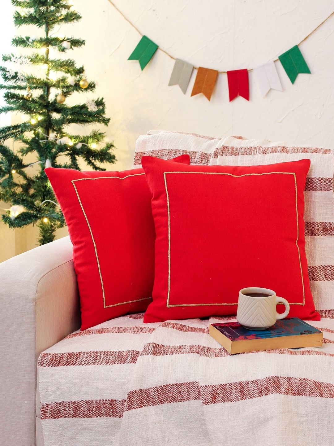 

House This Red & Gold-Toned Set of 2 Square Cushion Covers