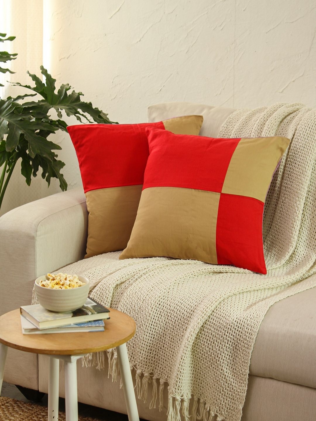

House This Beige & Red Set of 2 Colourblocked Square Cushion Covers