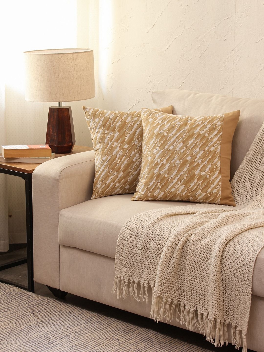 

House This Beige & White Set of 2 Abstract Square Cushion Covers