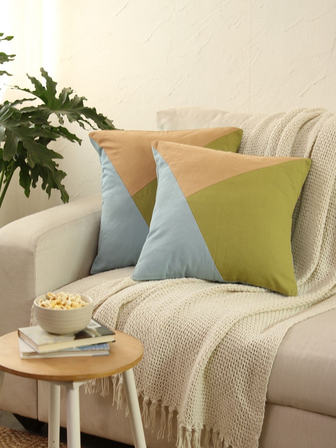 

House This Beige & Blue Set of 2 Colourblocked Square Cushion Covers