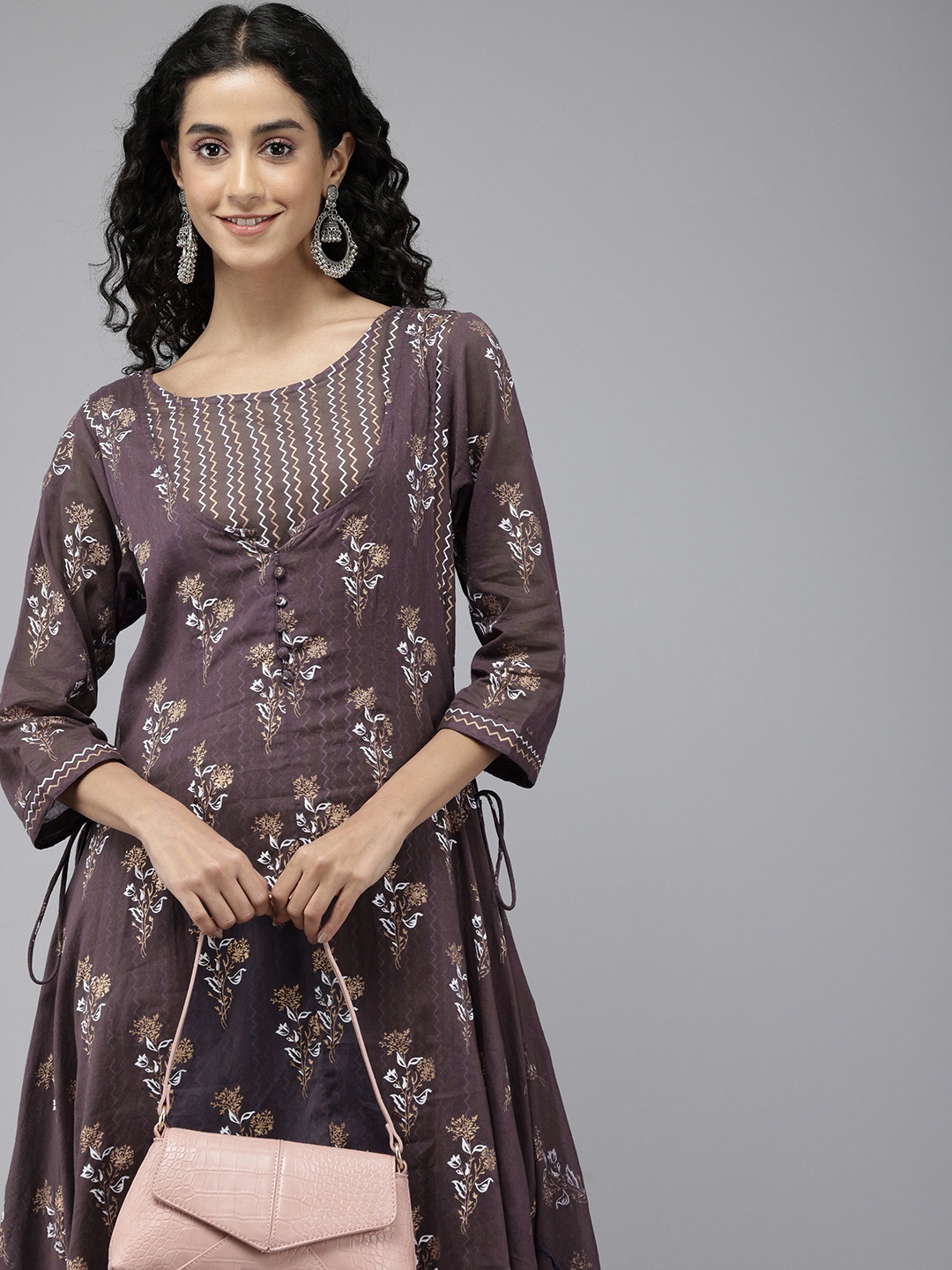 

Vedic Floral Printed Layered A-Line Midi Ethnic Dess, Brown