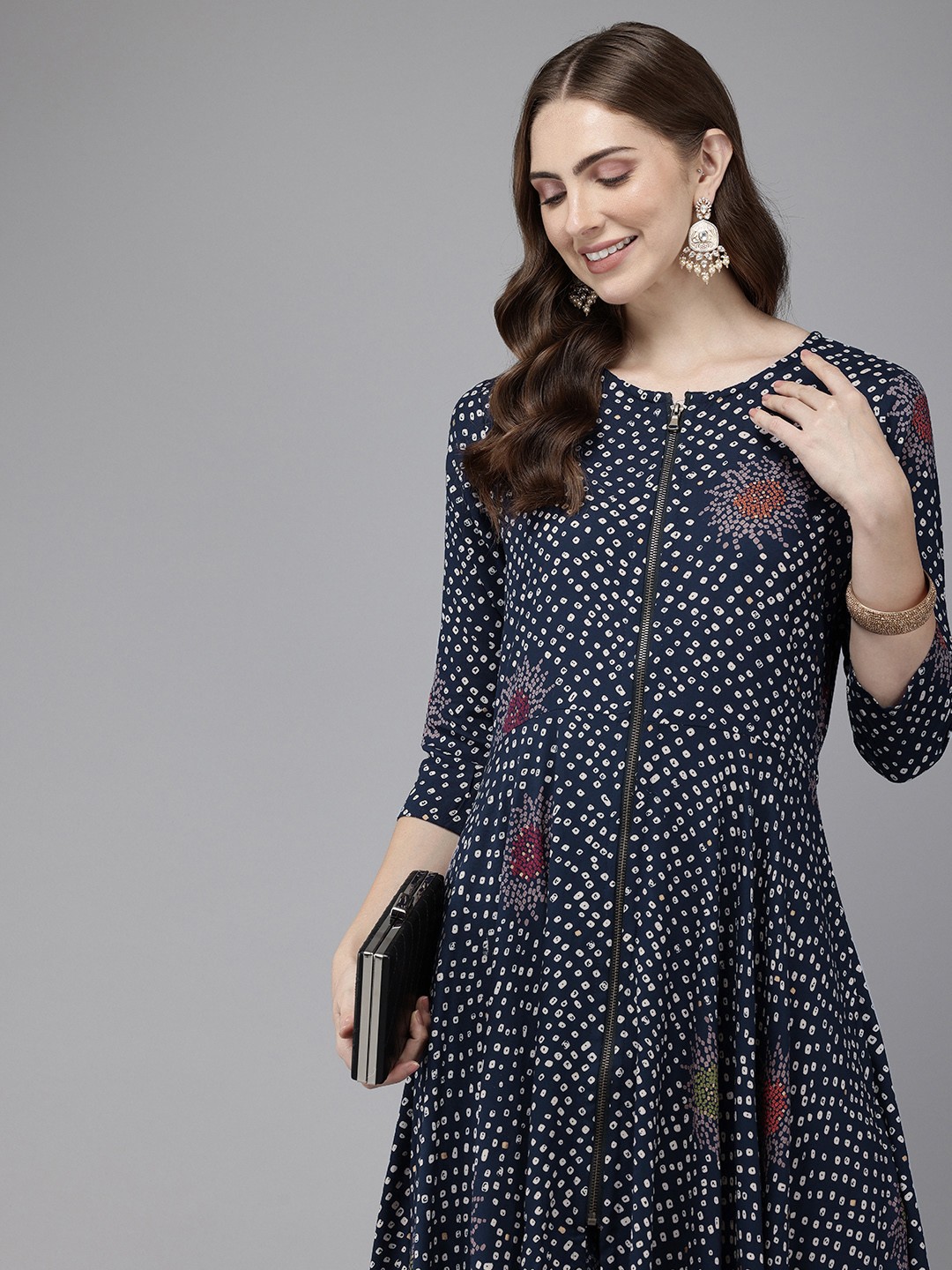 

Vedic Bandhani Printed Midi Ethnic Dress, Navy blue