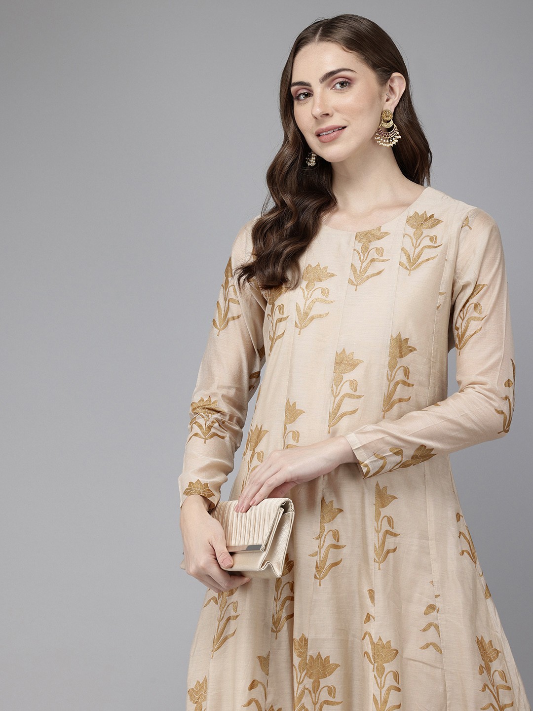 

Vedic Floral Embroidered Ethnic Gown, Beige