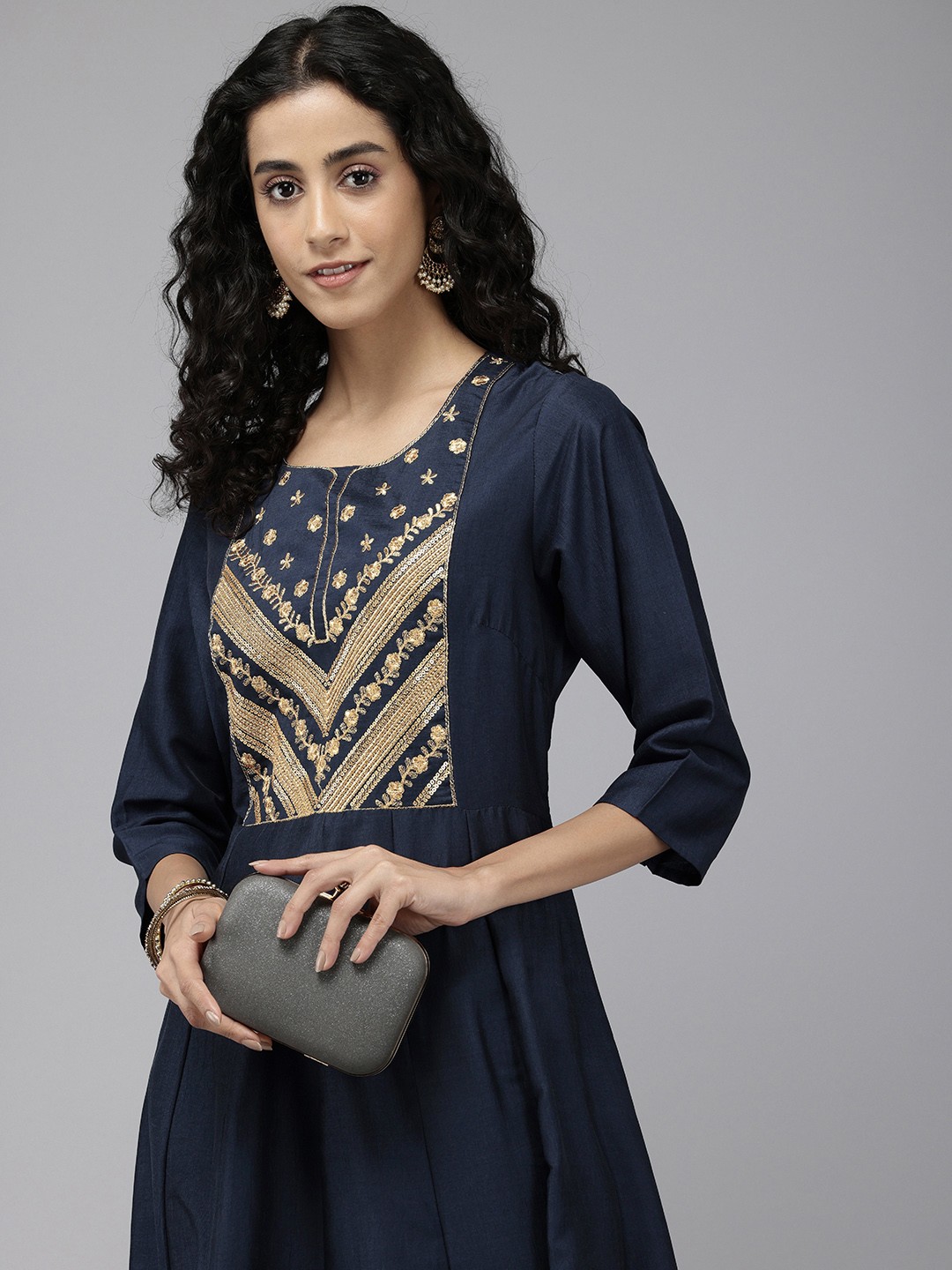 

Vedic Floral Embroidered Sequined Midi Ethnic Dress, Navy blue