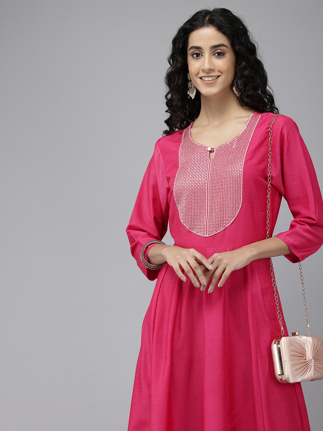 

Vedic Geometric Embroidered Sequined Midi Ethnic Dress, Pink